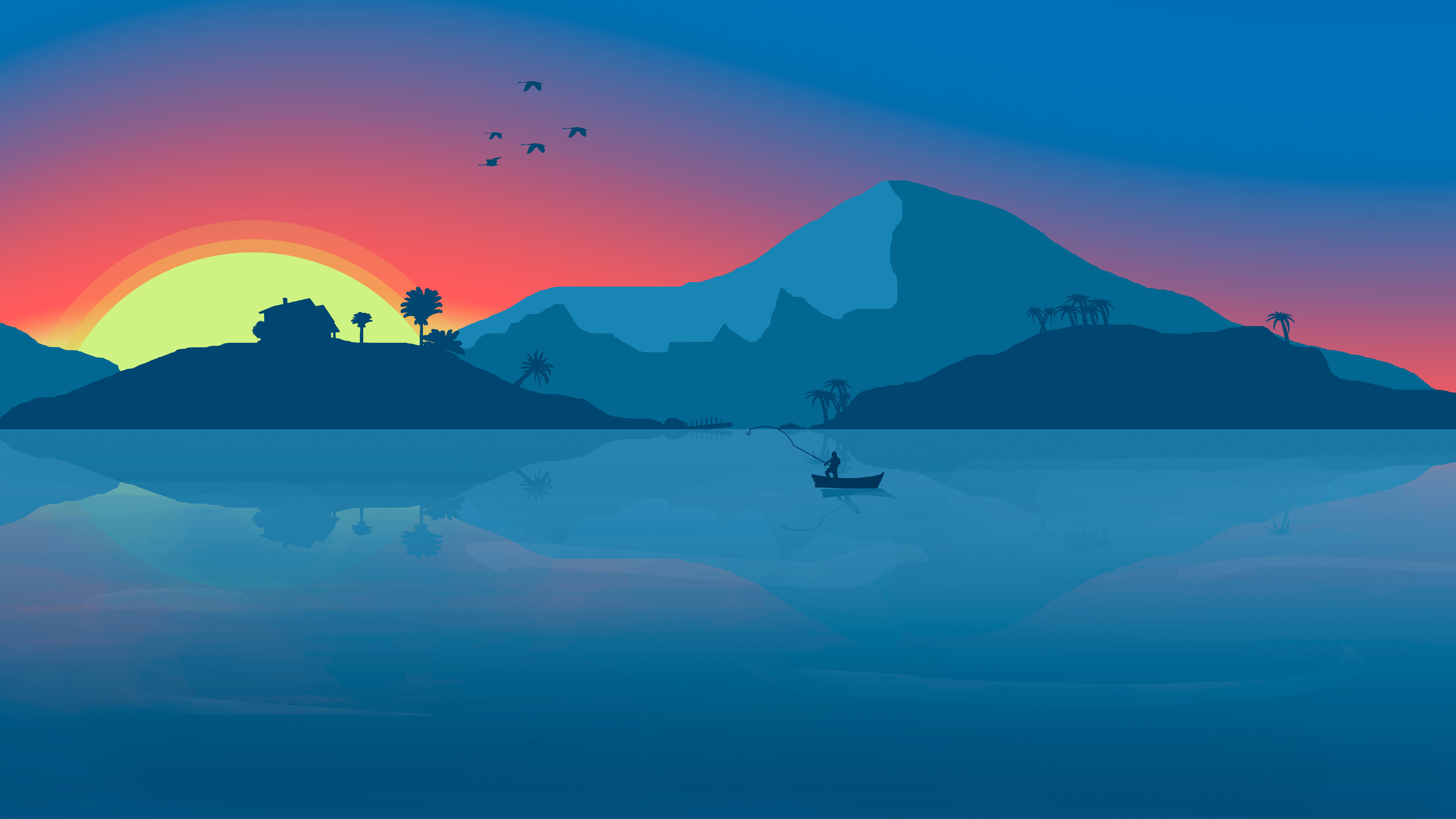 Minimalist sunset over the sea with a fisherman HD Wallpaper