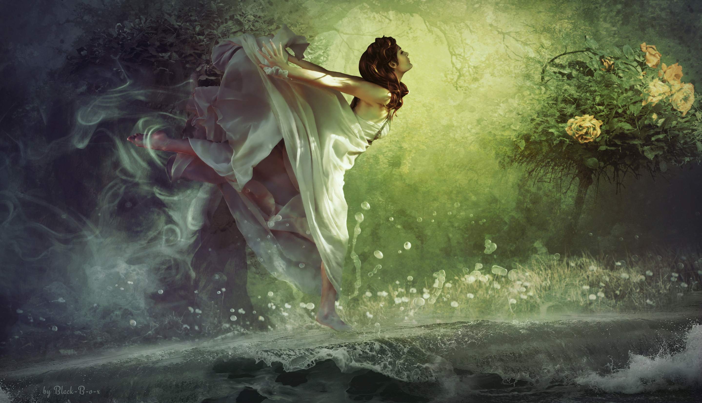 Ethereal Woman Dancing in Mystical Forest with Flowers HD Wallpaper