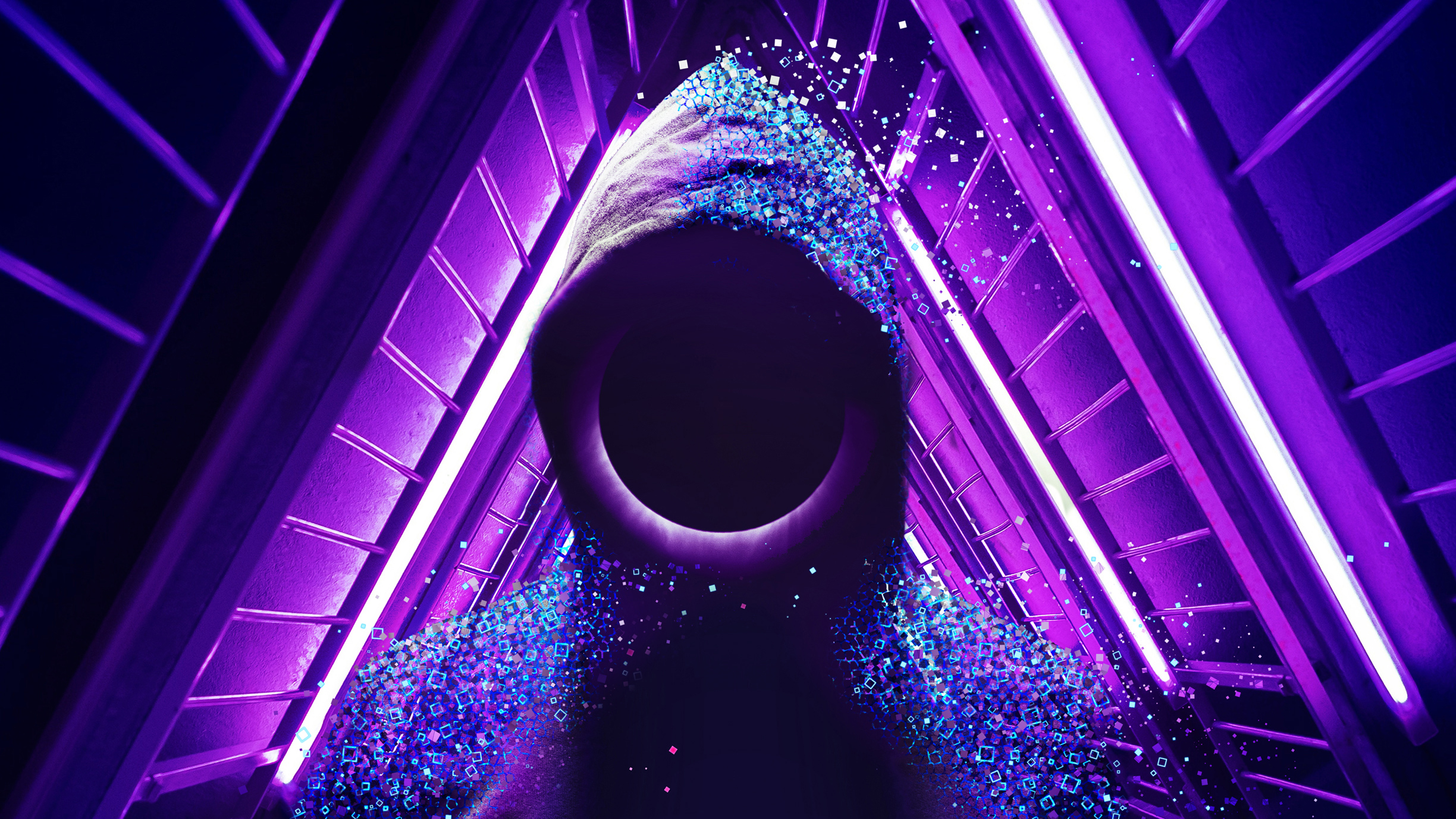 Digital art of a hooded figure in a neon tunnel HD Wallpaper