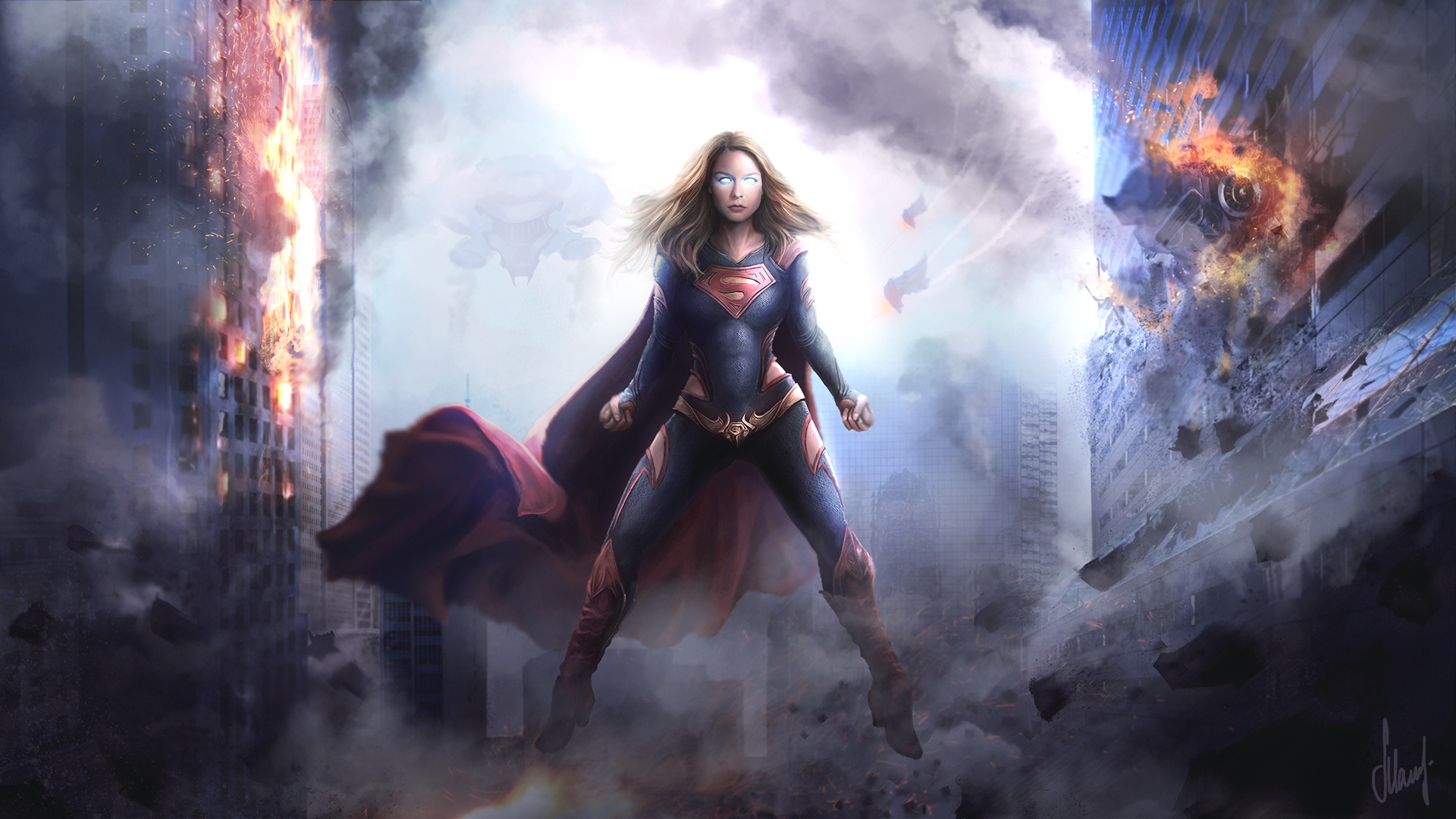 Supergirl in a burning city HD Wallpaper