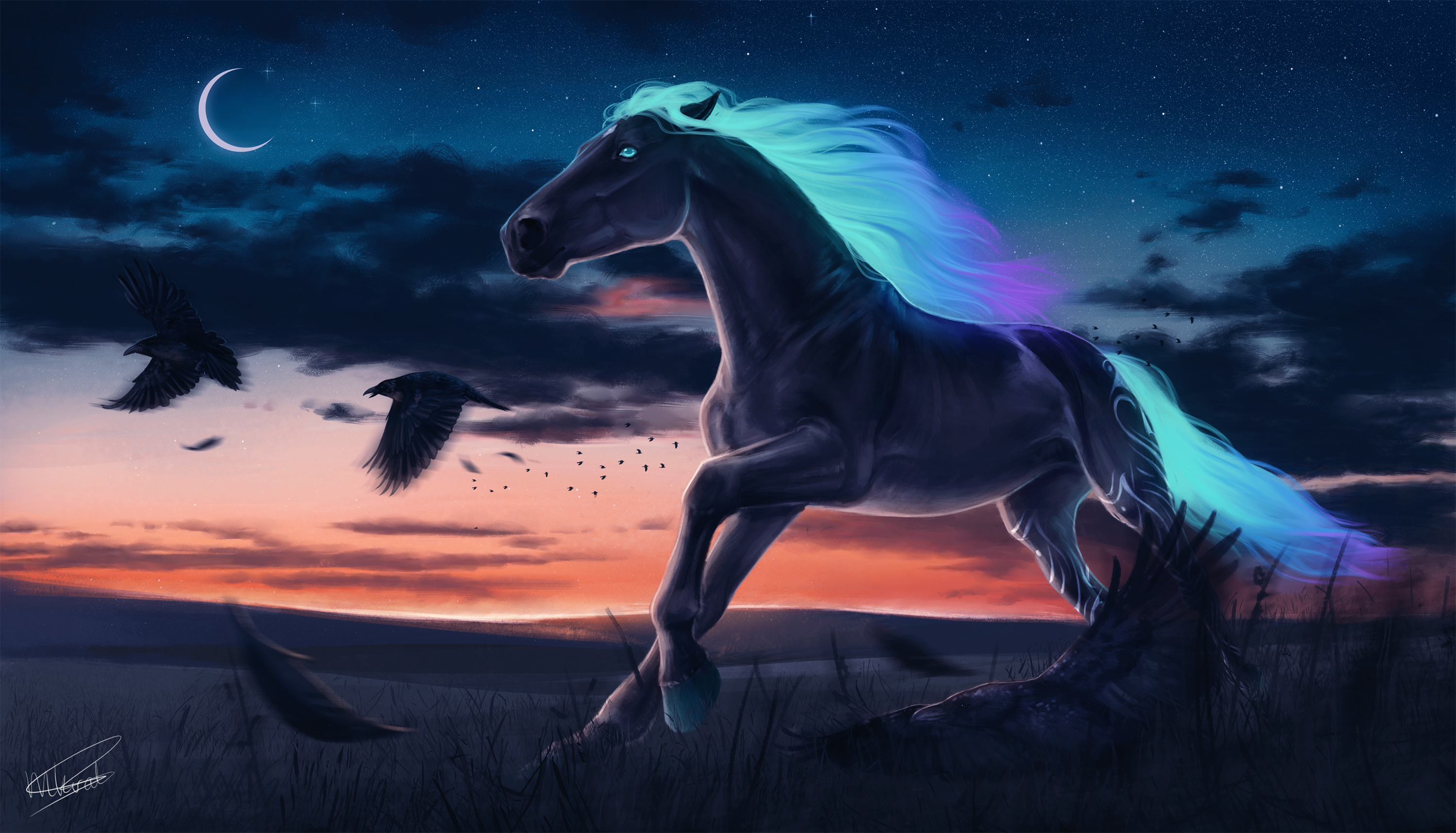 Digital artwork of a horse with glowing mane and tail HD Wallpaper