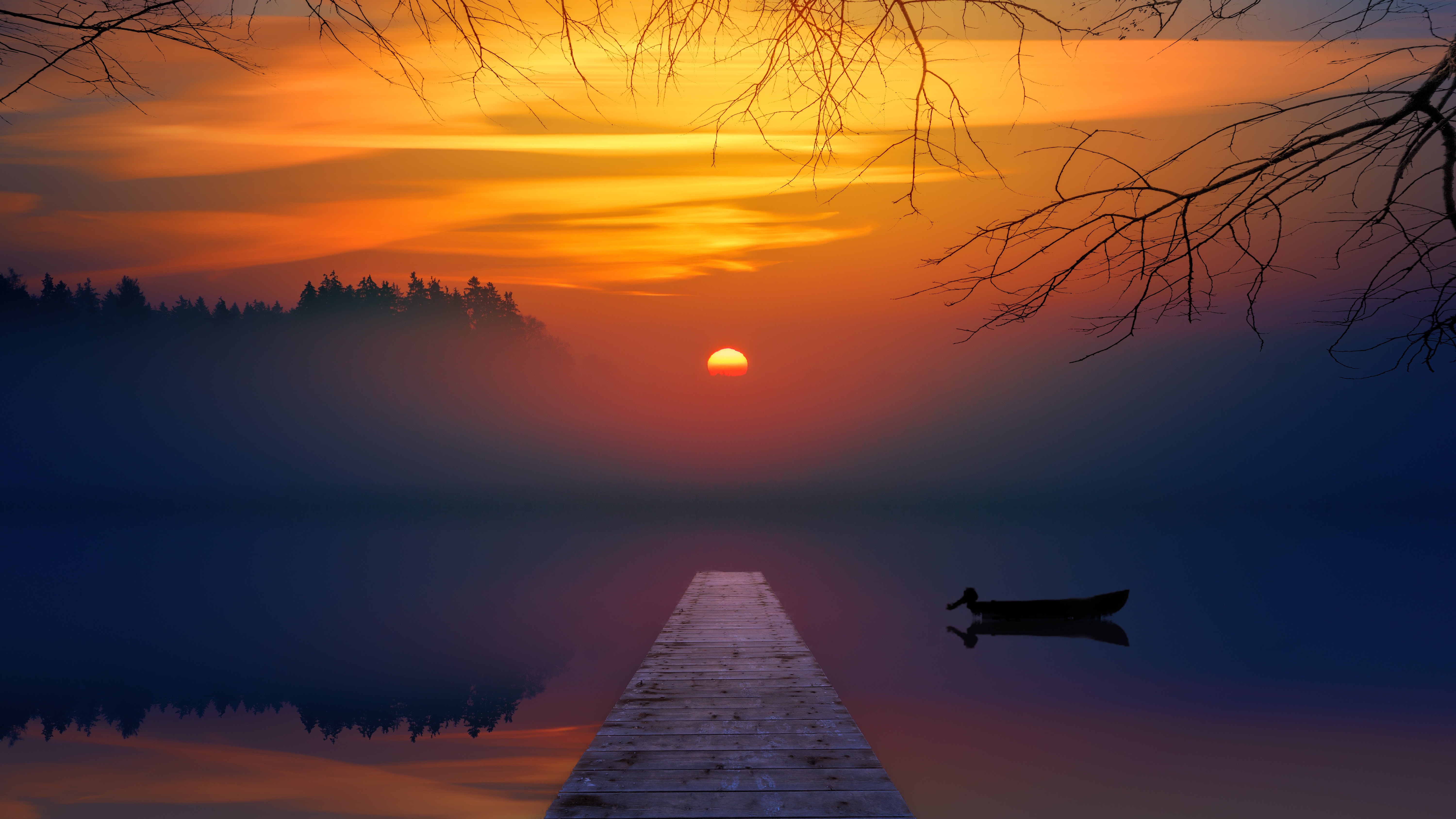 Sunset over a misty lake with a wooden pier and a boat HD Wallpaper