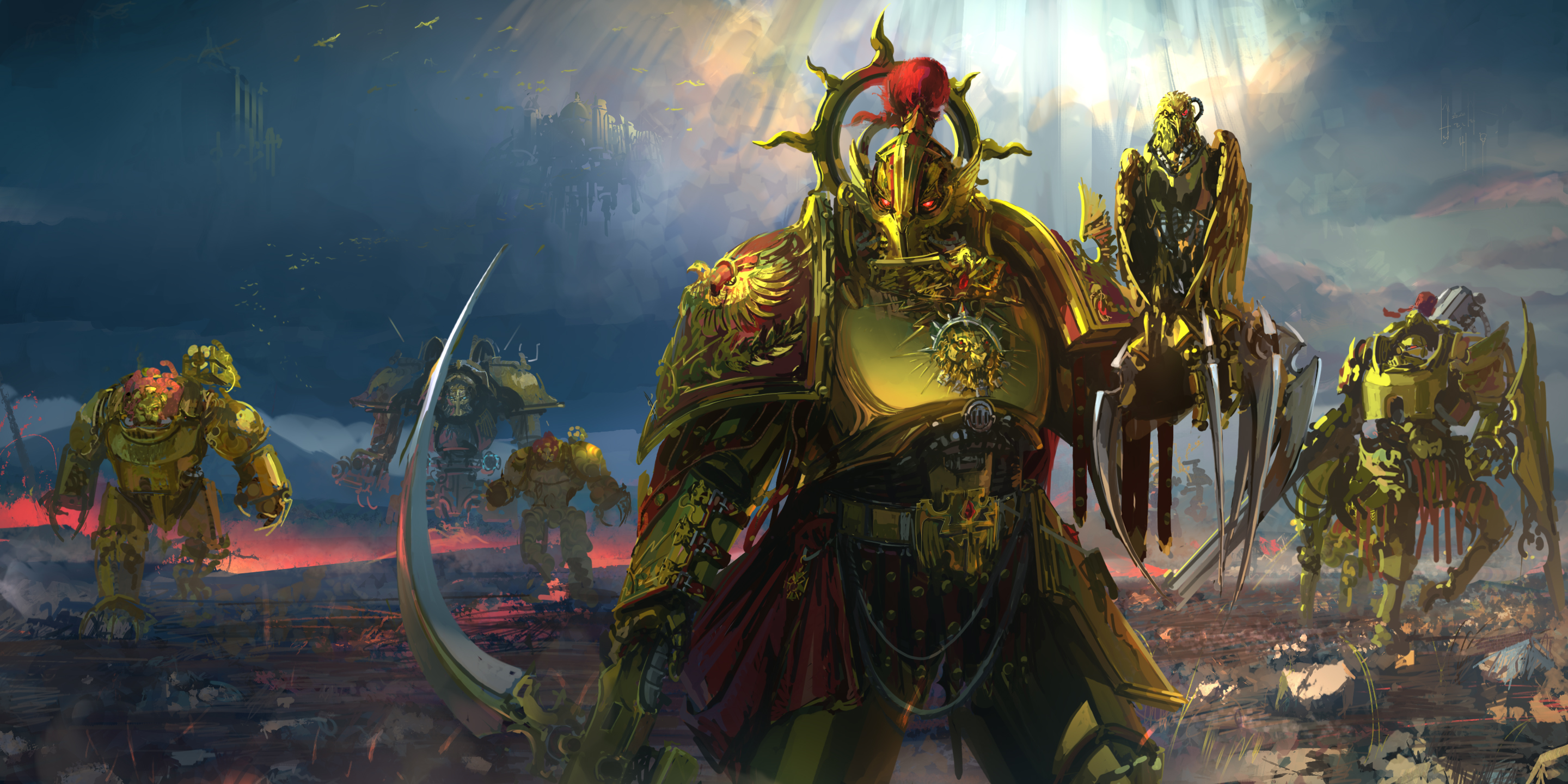 Warhammer 40k Golden Armored Warriors in Battle HD Wallpaper