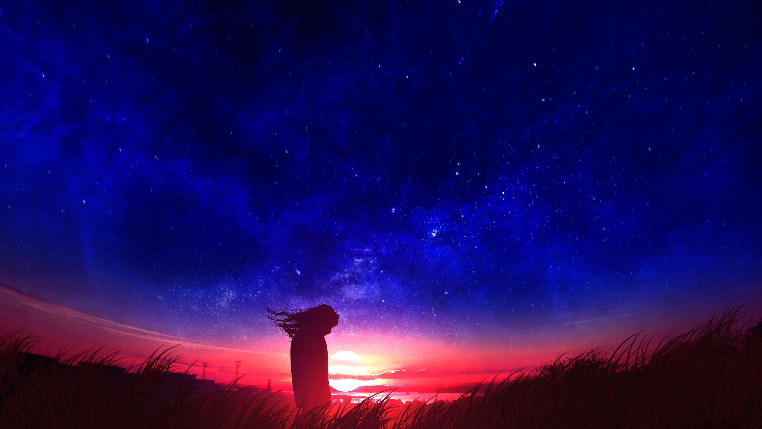 Girl watching sunset under starry sky HD Wallpaper