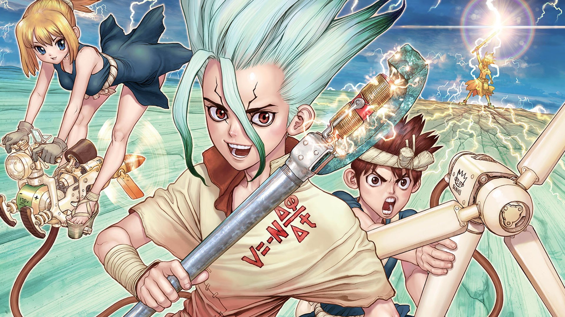 Senku, Taiju, and Yuzuriha from Dr. Stone HD Wallpaper