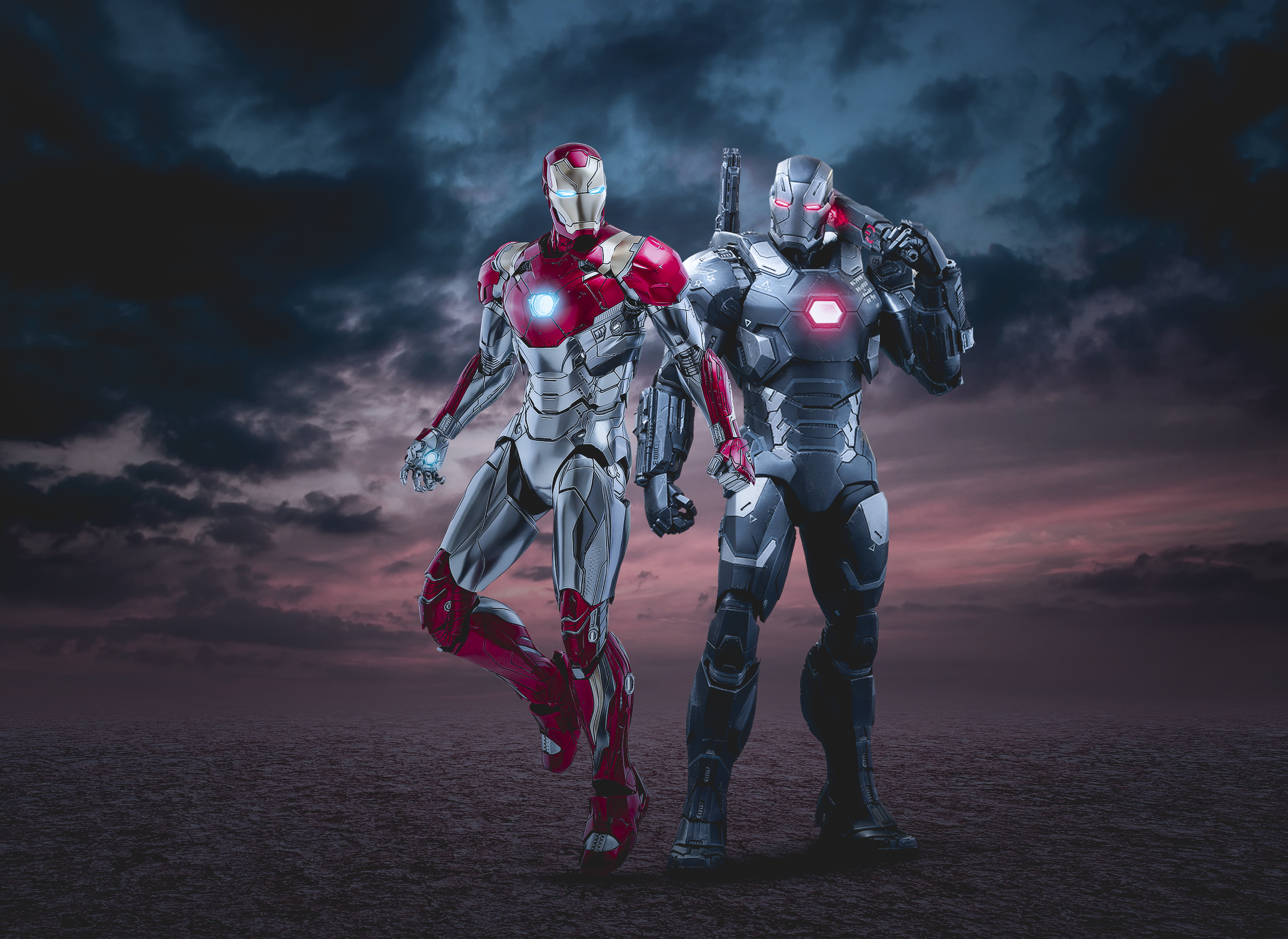 Iron Man and War Machine standing against a dramatic sky HD Wallpaper