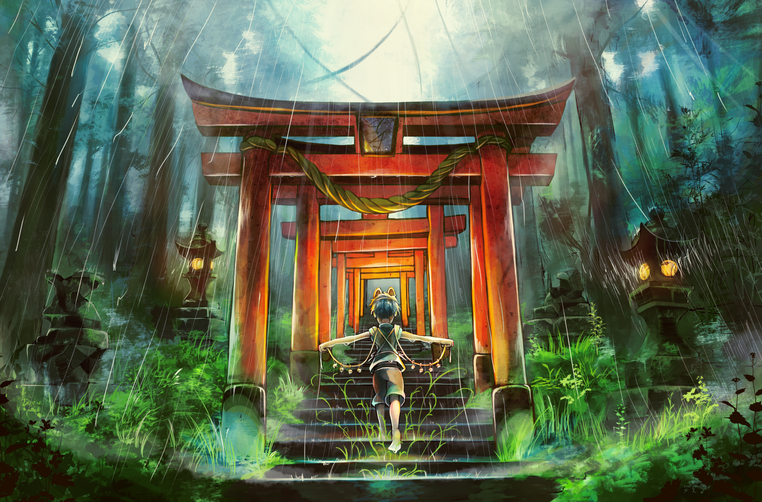 Girl walking through torii gates in the rain HD Wallpaper
