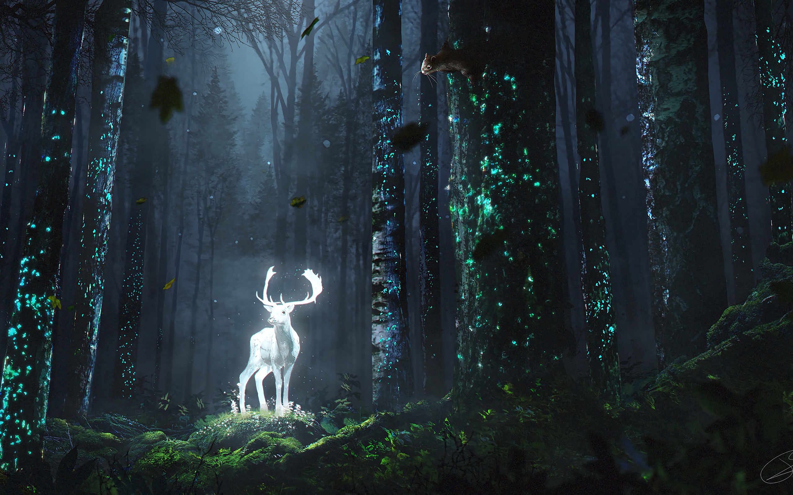 Glowing white deer in a dark, misty forest at night HD Wallpaper