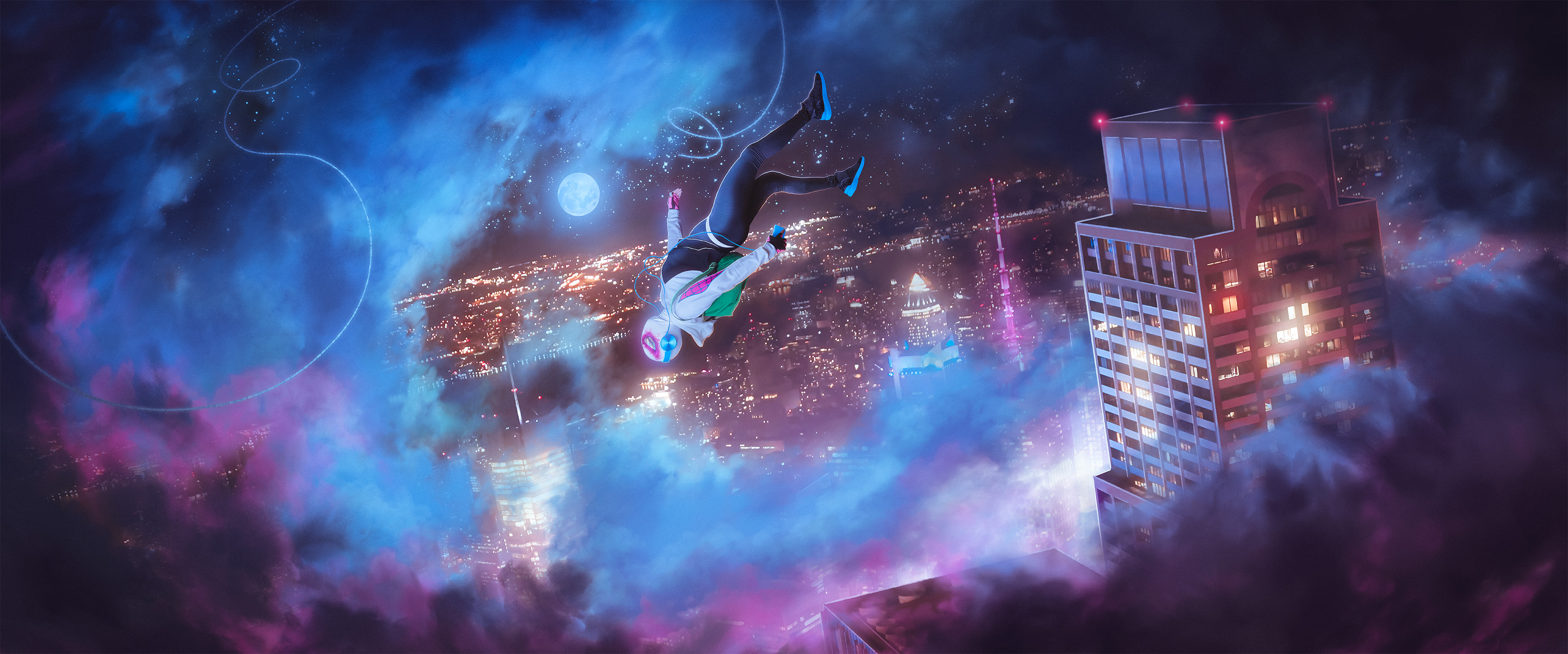 Spider-Gwen falling over a city at night HD Wallpaper
