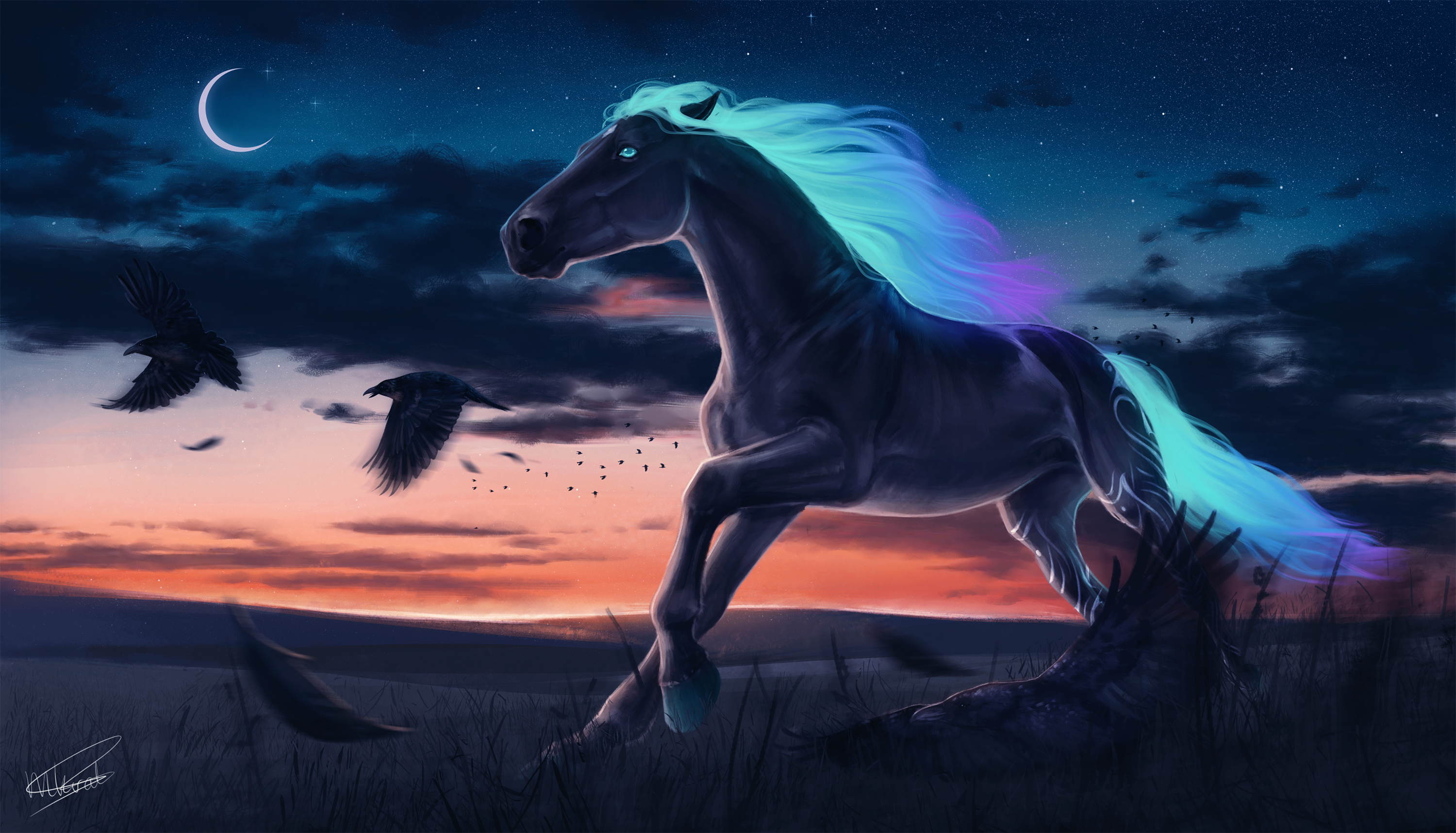 Fantasy Horse with Glowing Mane and Crows at Dusk HD Wallpaper