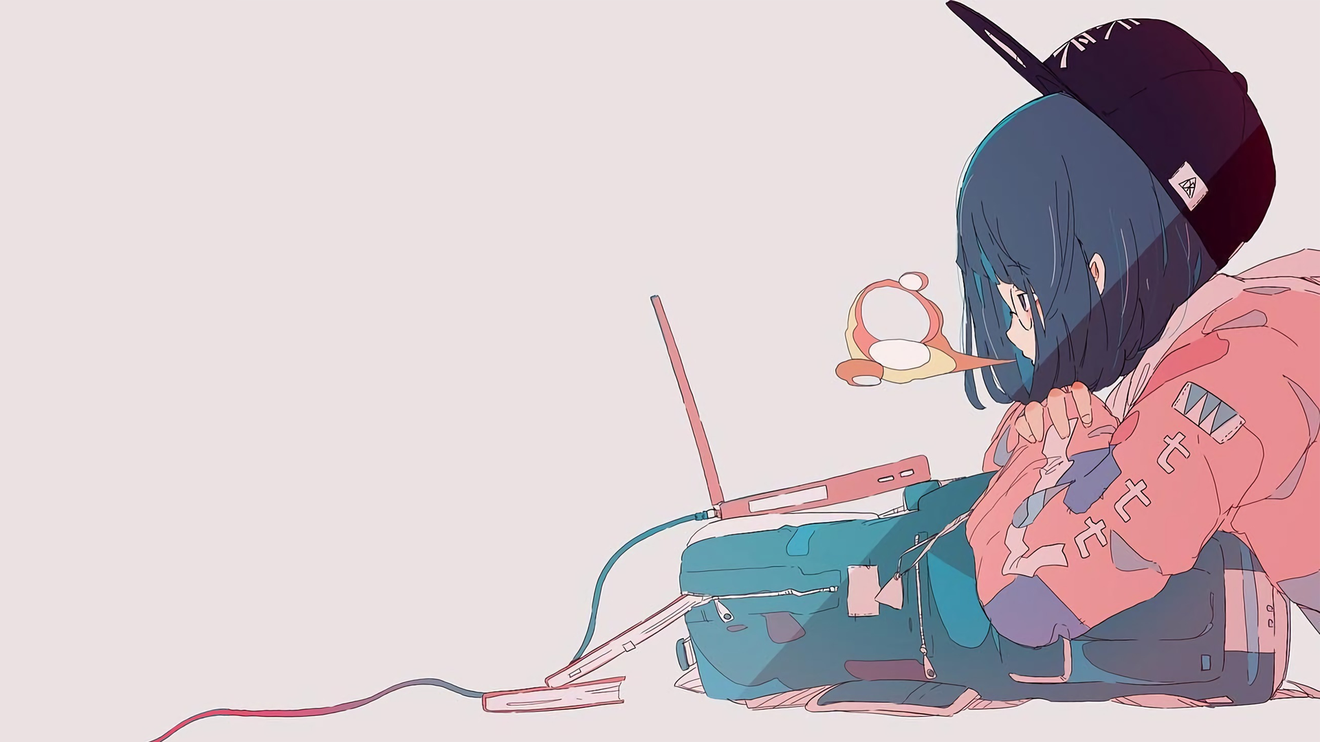 Anime girl with laptop and backpack HD Wallpaper