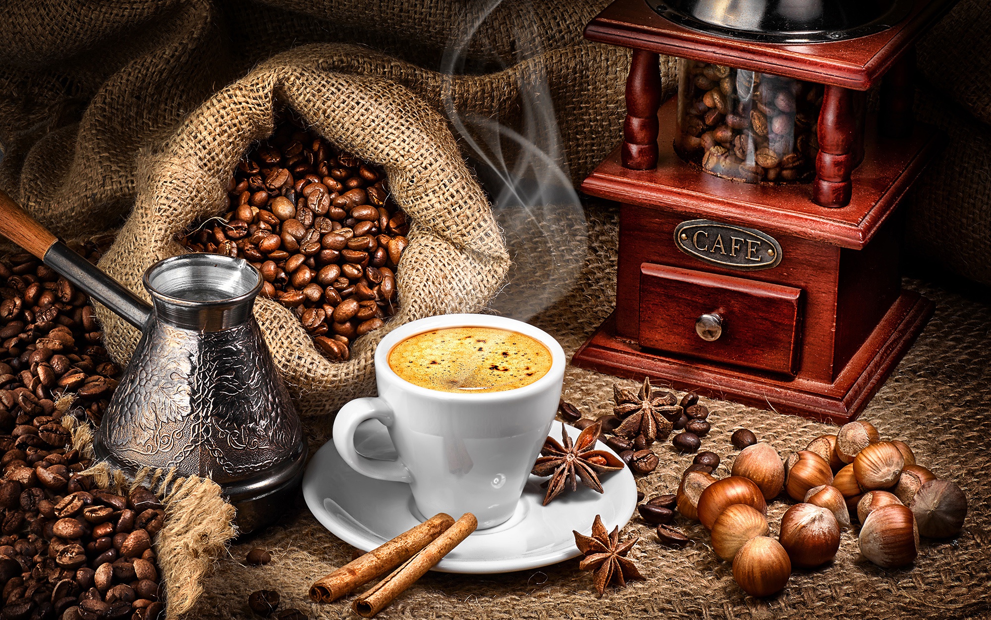 Hot Coffee with Hazelnuts and Spices HD Wallpaper