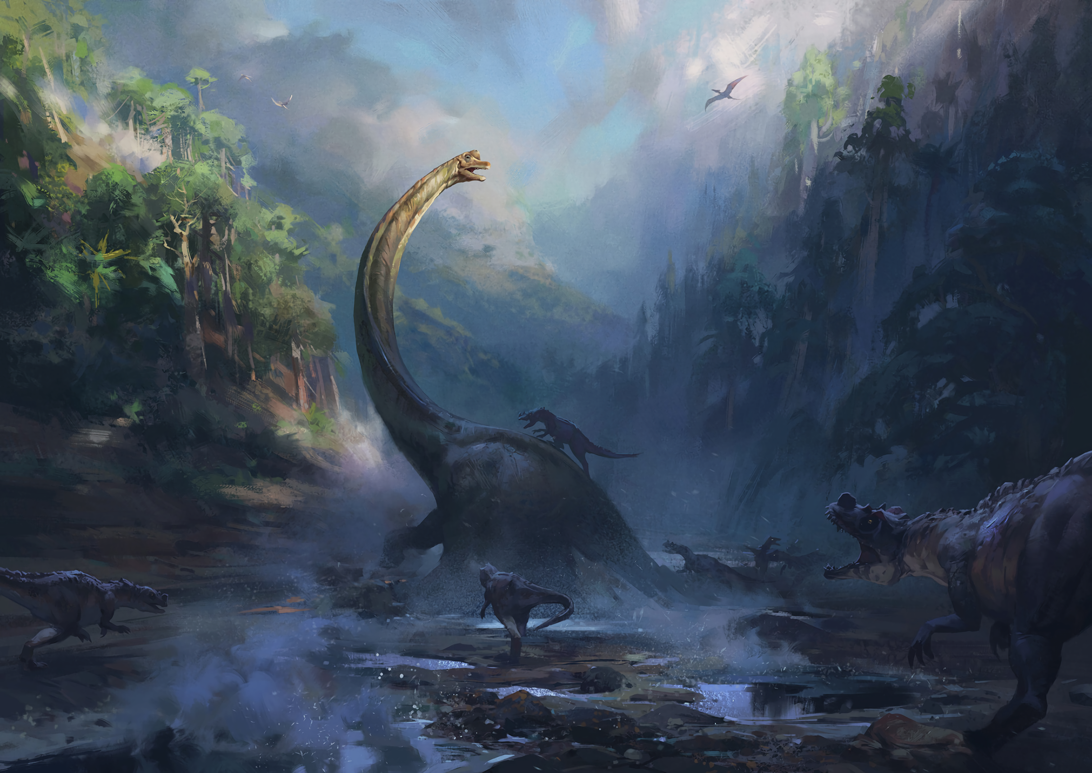 Dinosaurs in a prehistoric jungle landscape HD Wallpaper