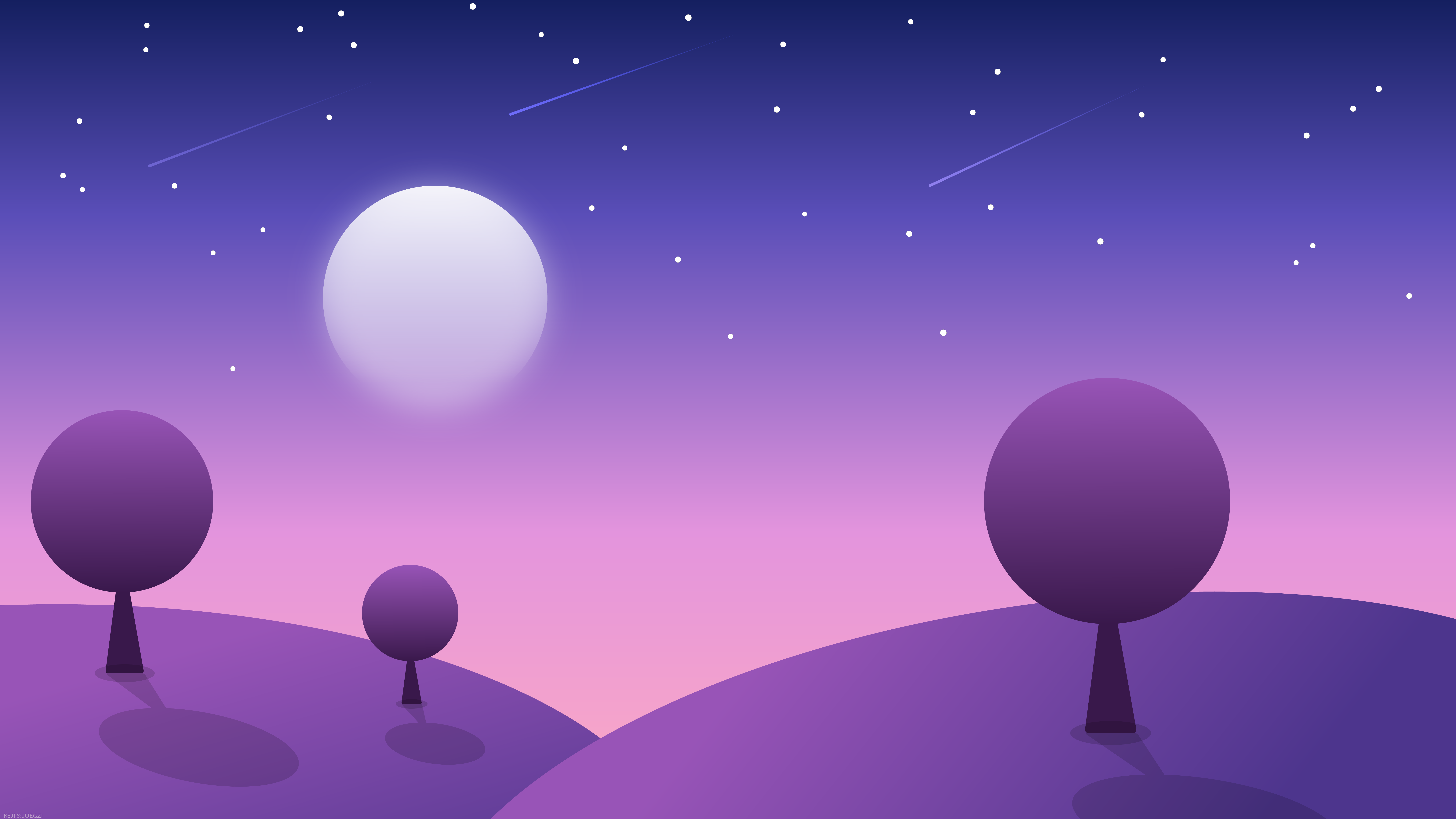 Minimalist night landscape with moon, stars, and trees HD Wallpaper