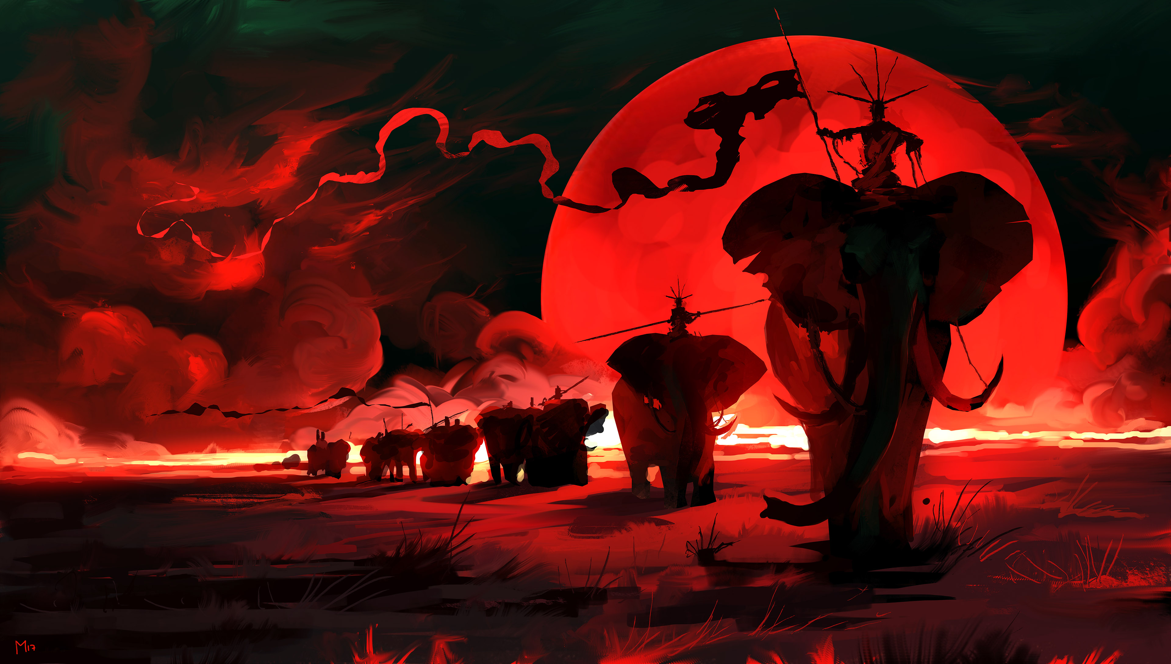 Man riding an elephant under a red moon HD Wallpaper
