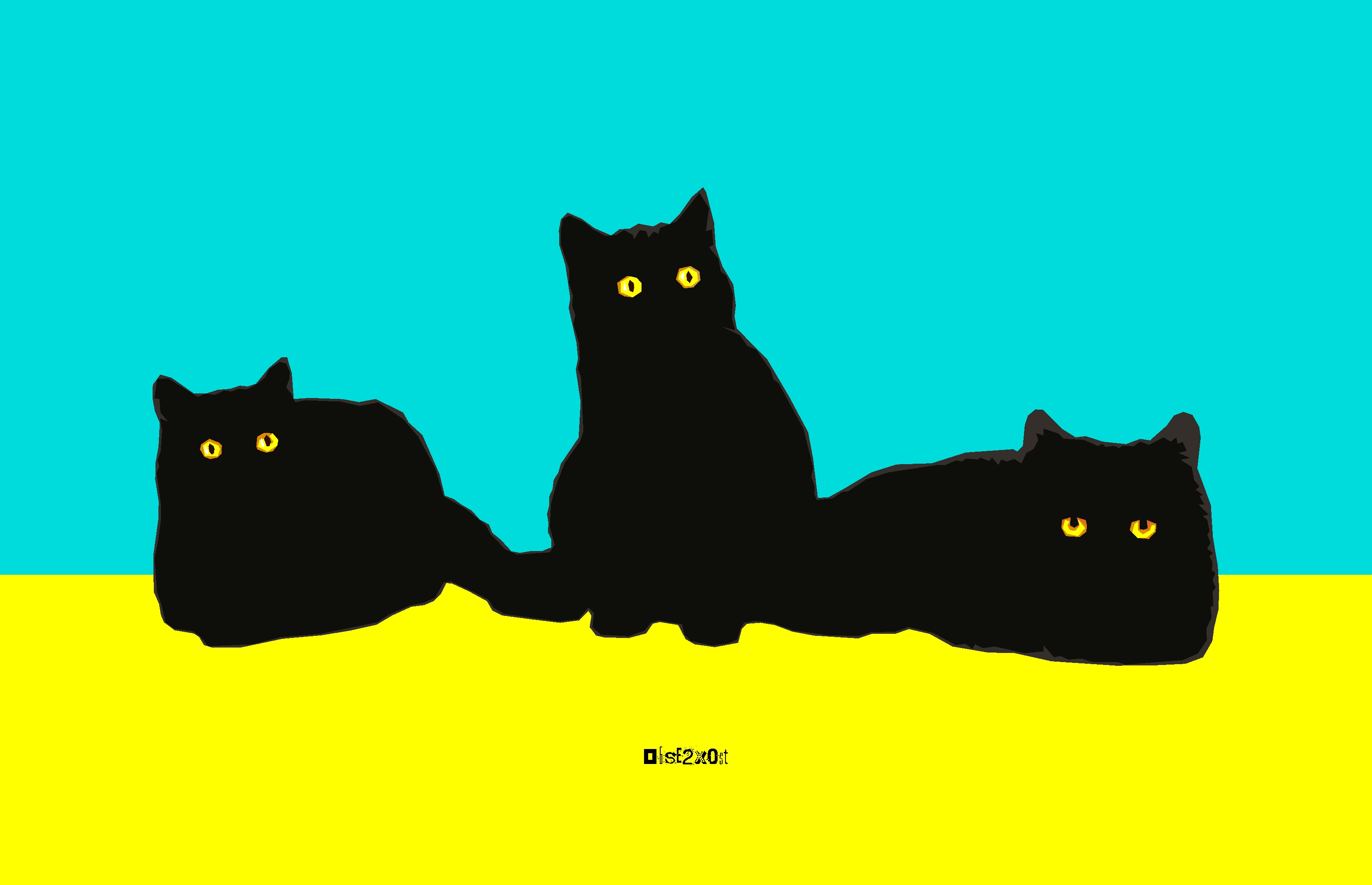 Three black cats on a blue and yellow background HD Wallpaper