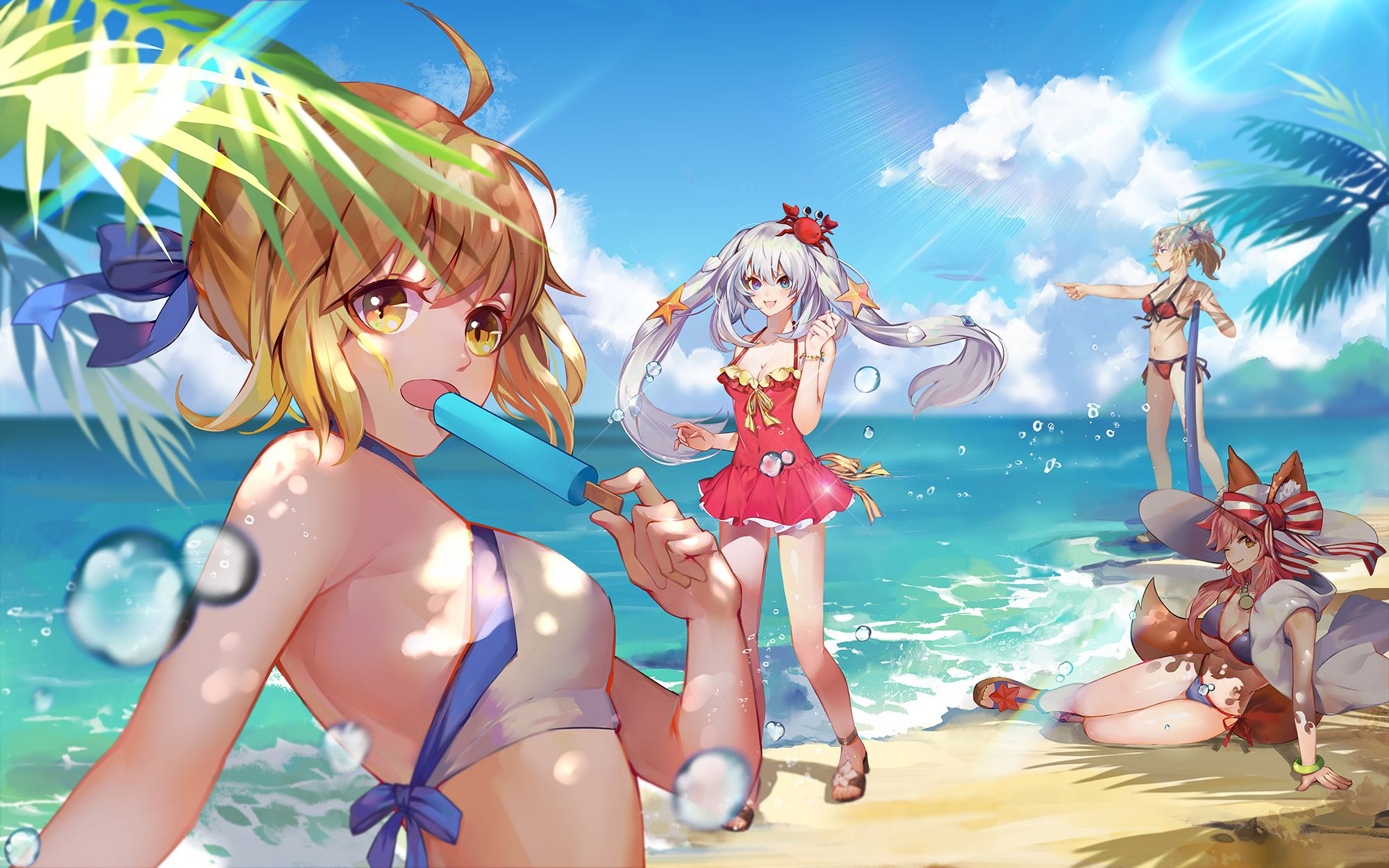 Anime girls in swimsuits on a beach HD Wallpaper