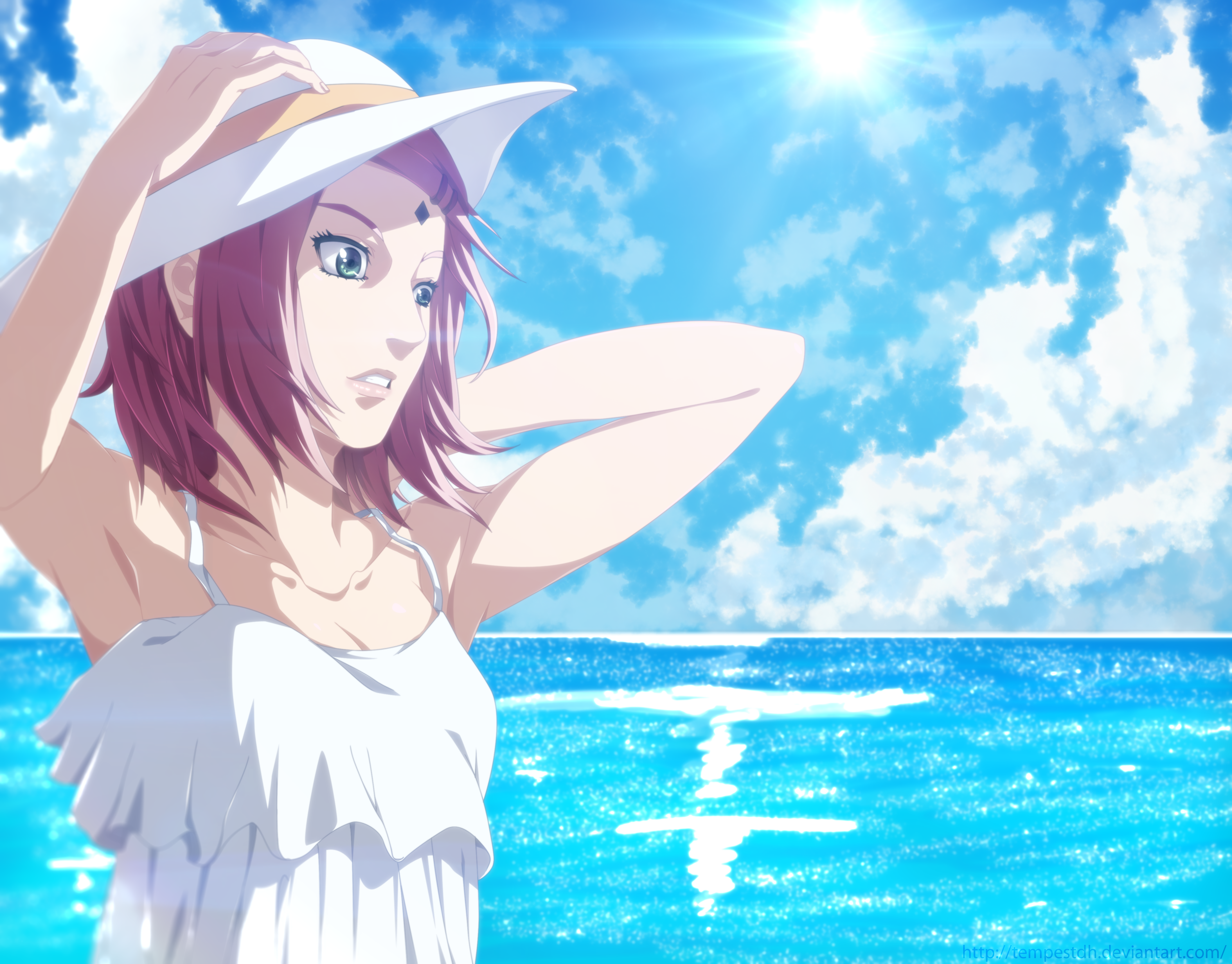 Sakura Haruno in a white dress by the ocean HD Wallpaper