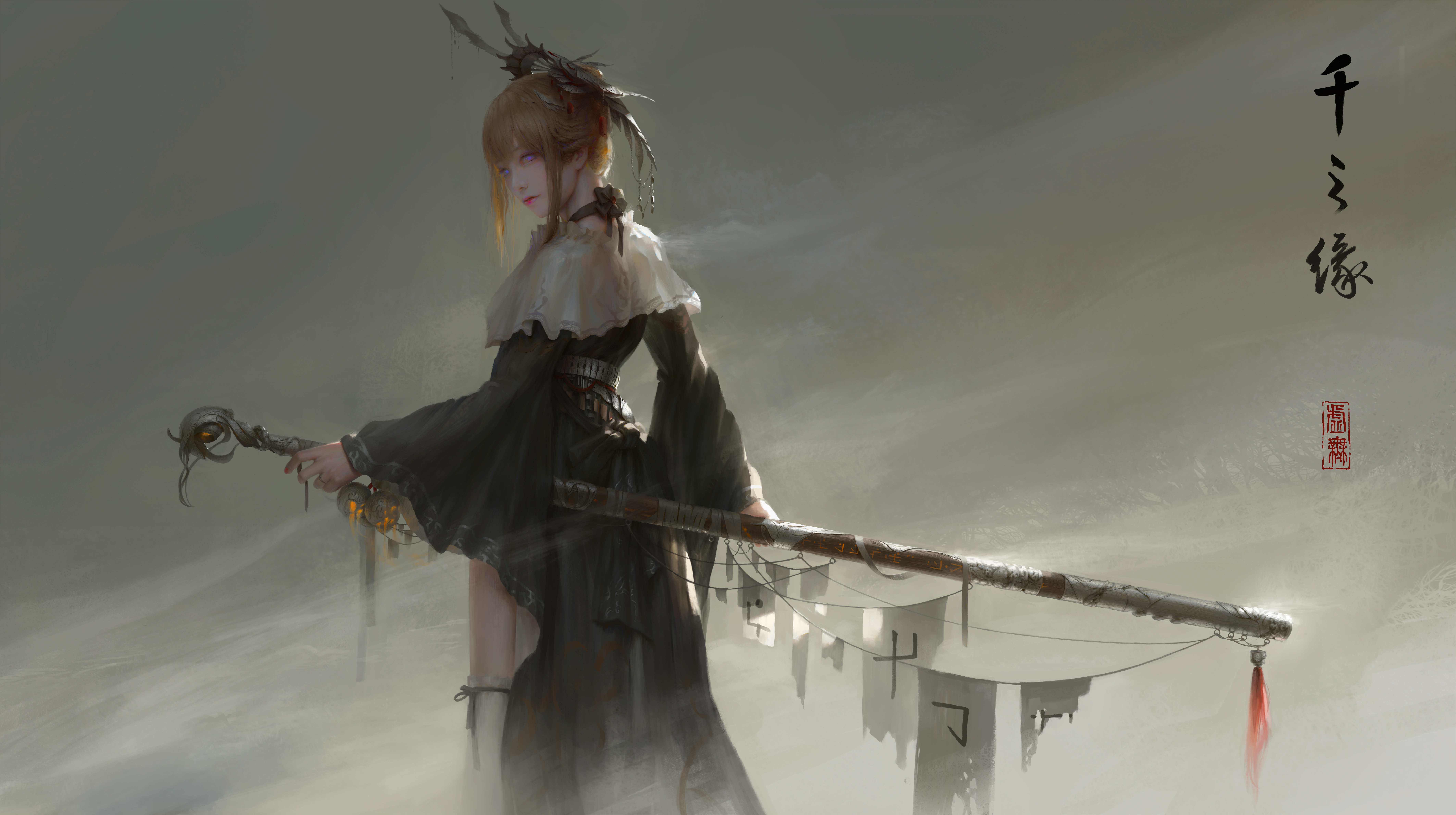 Anime woman with blonde hair and purple eyes holding a staff weapon HD Wallpaper