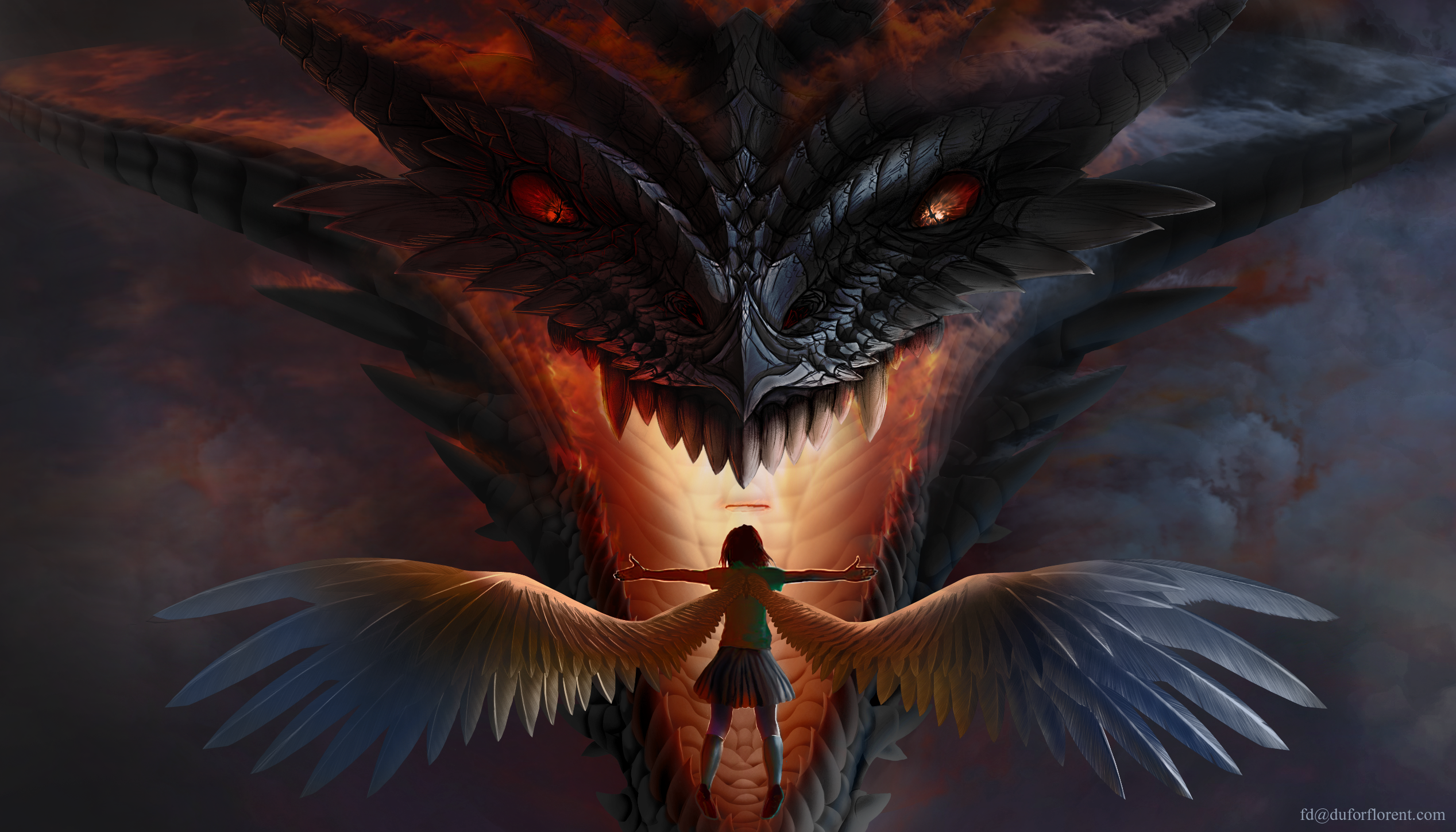 Girl with Angel Wings confronts a Giant Dragon HD Wallpaper