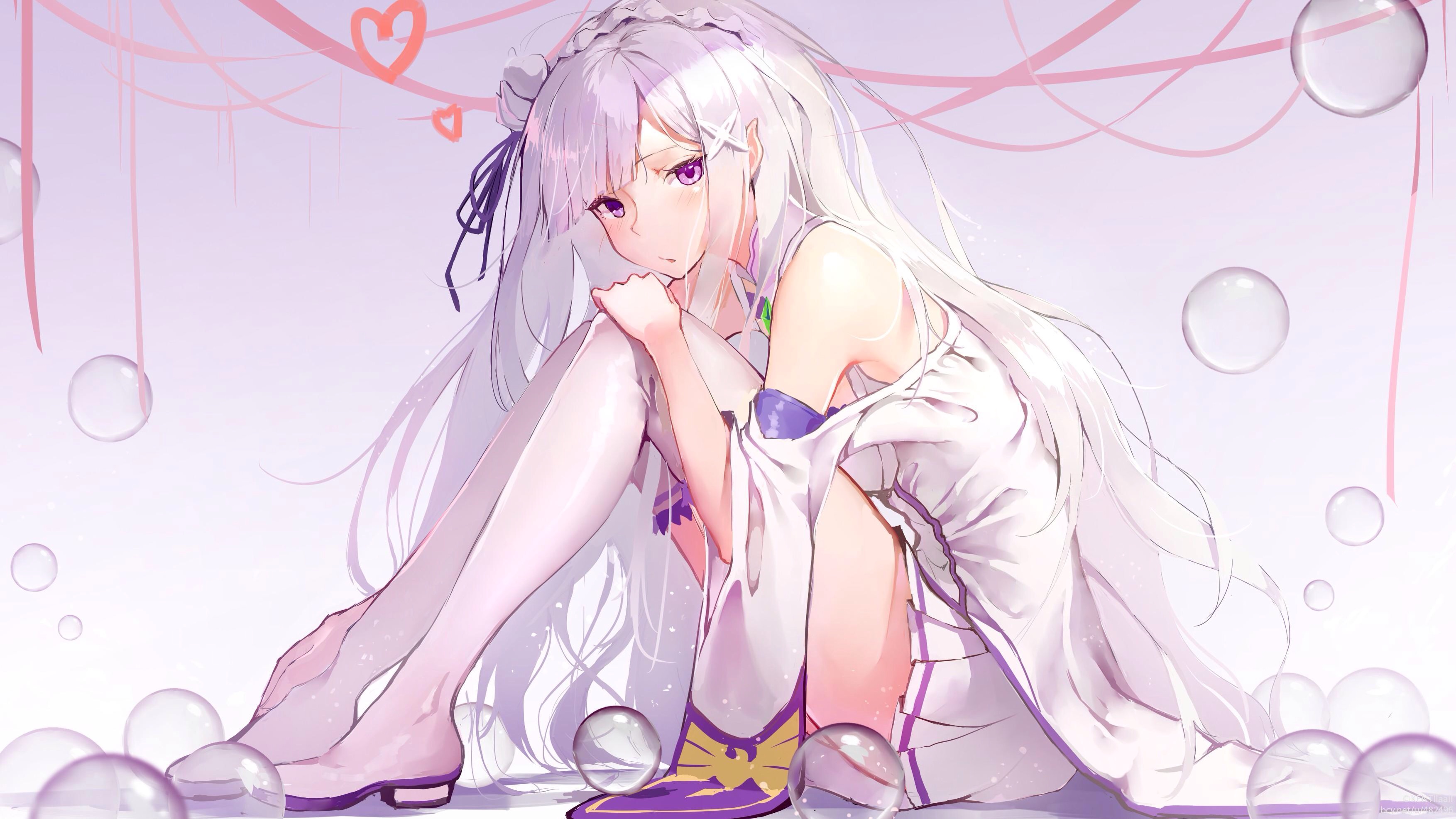 Peaceful Emilia from Re:ZERO Sitting Among Bubbles HD Wallpaper