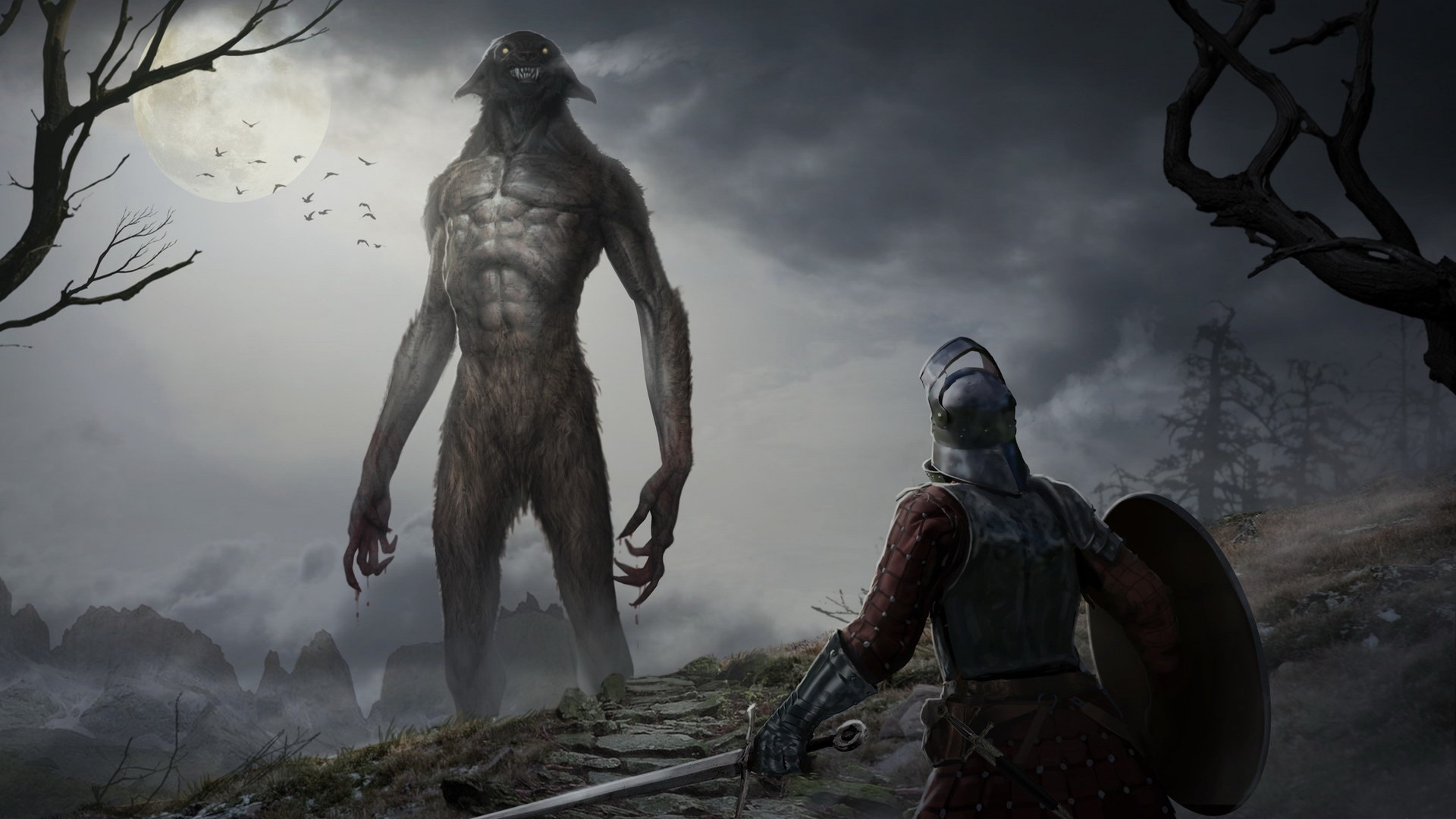 Giant Creature Fights Knight Under Moon HD Wallpaper