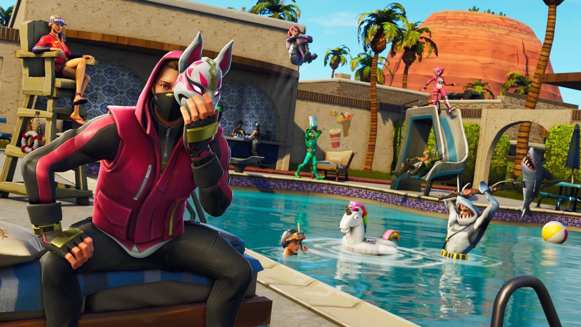 Fortnite characters at a poolside resort HD Wallpaper