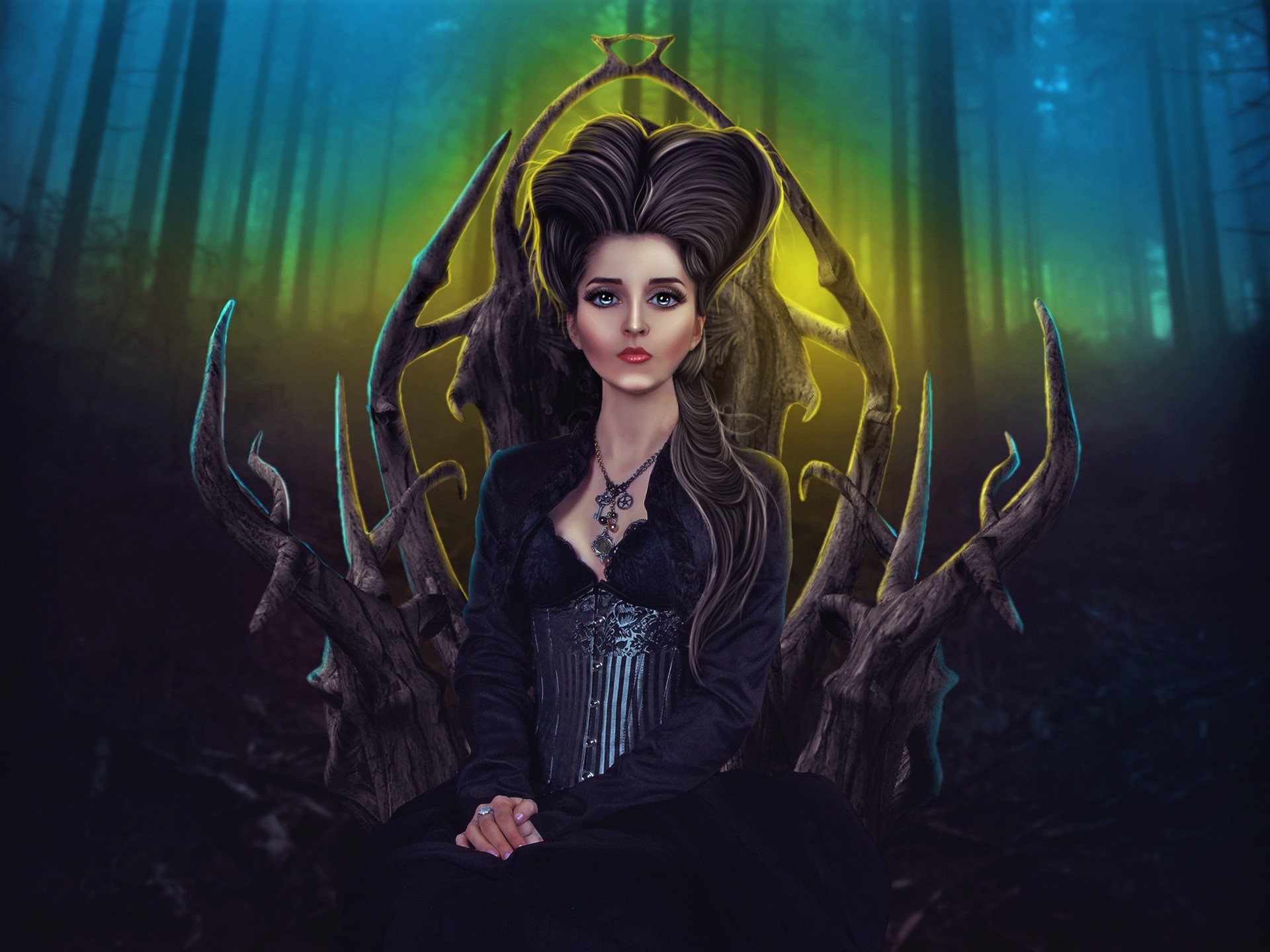 Woman in black sitting on a throne in a dark forest HD Wallpaper