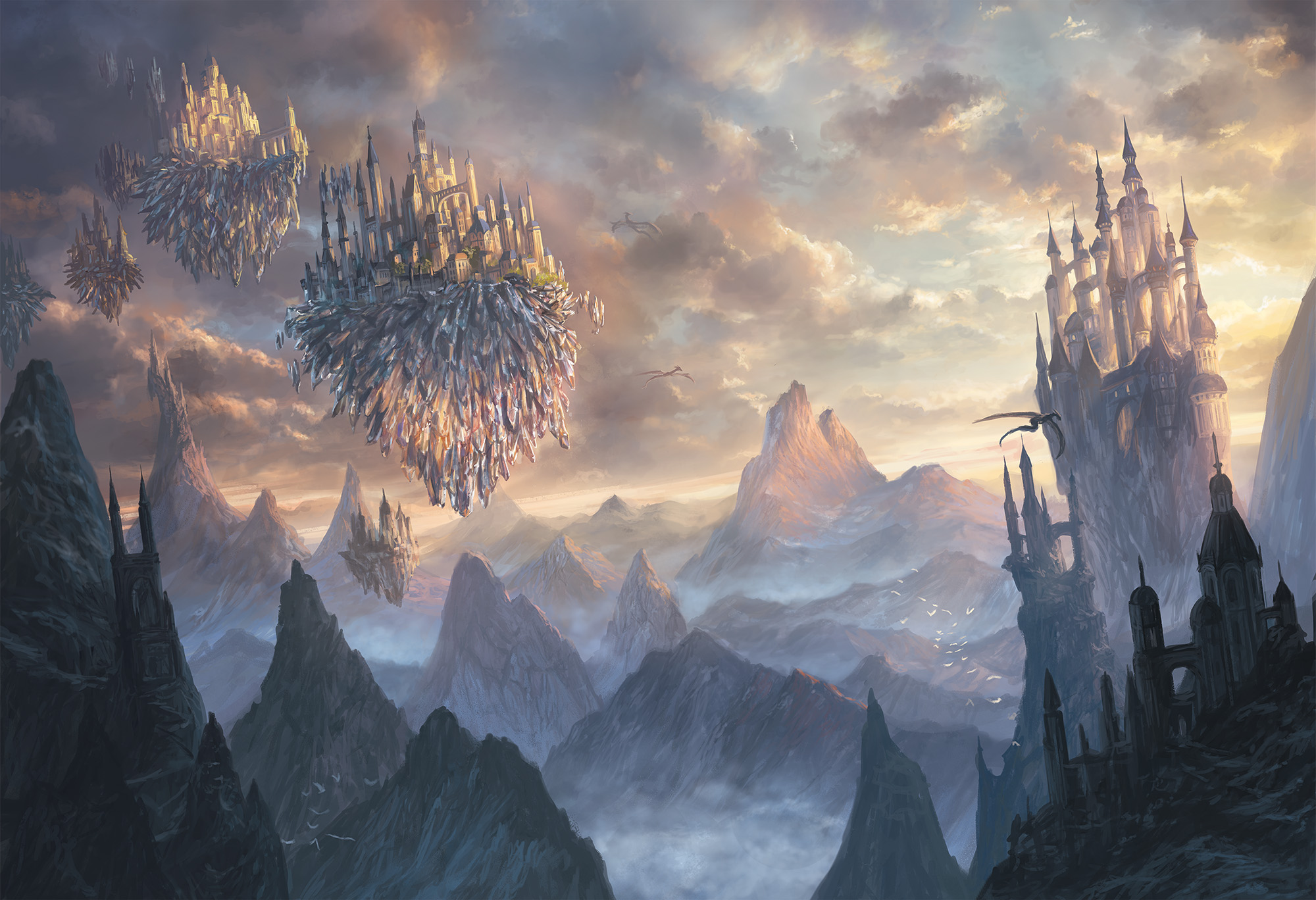 Floating islands with castles over mountains at sunset HD Wallpaper