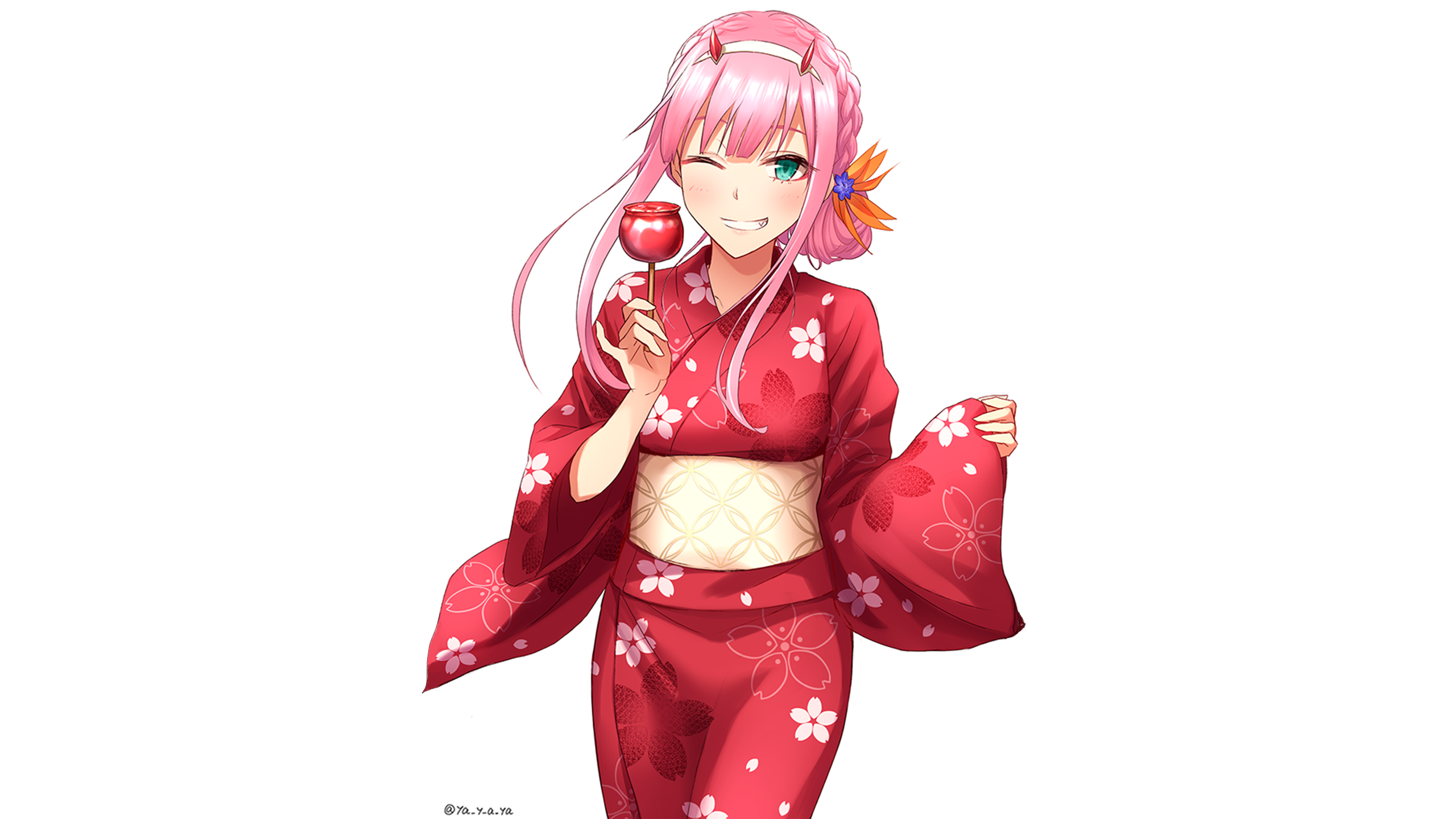 Zero Two in Yukata holding candy apple HD Wallpaper