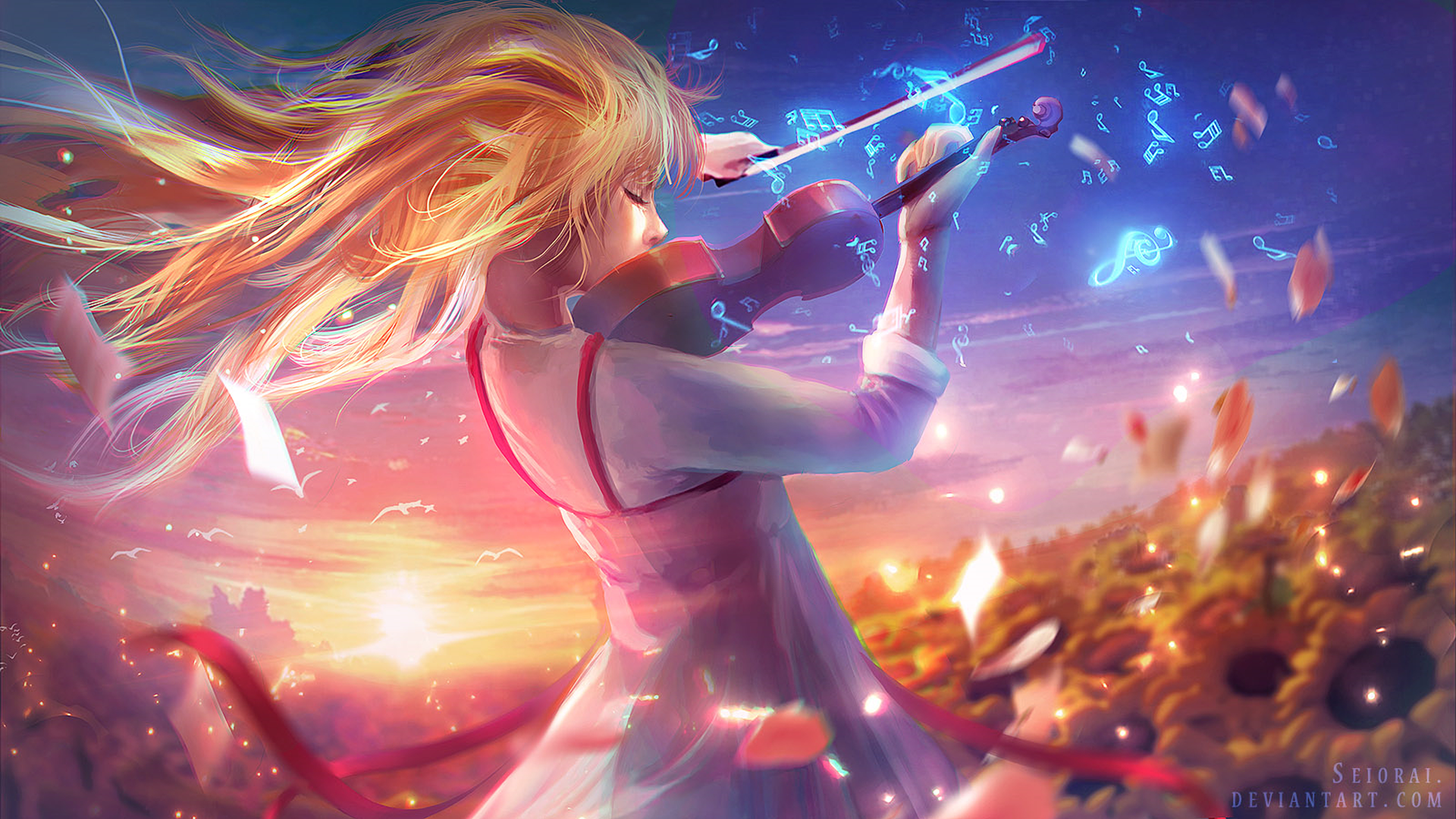 Kaori Miyazono Playing Violin at Sunset HD Wallpaper