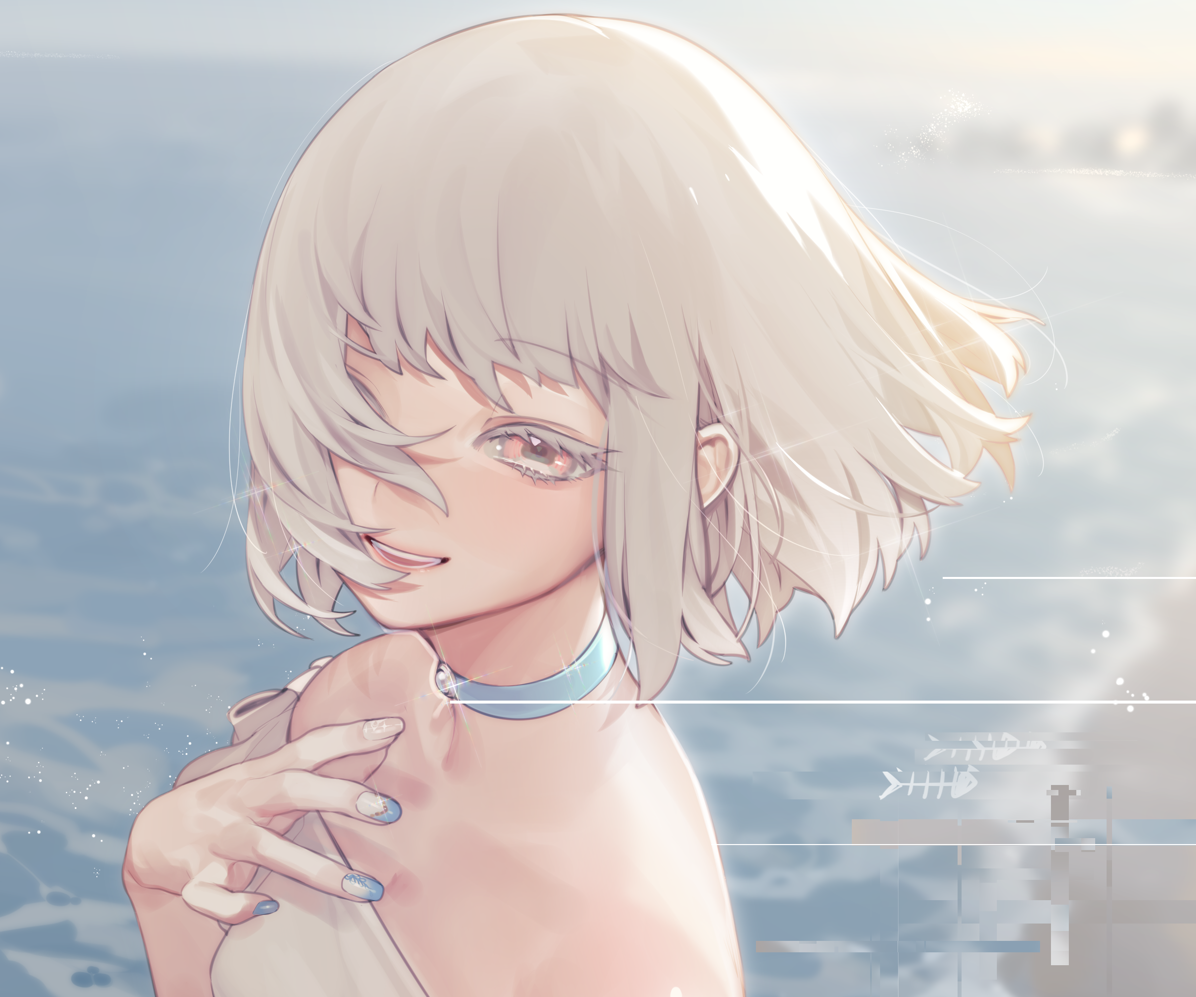 Girl with white hair and red eyes by the water HD Wallpaper