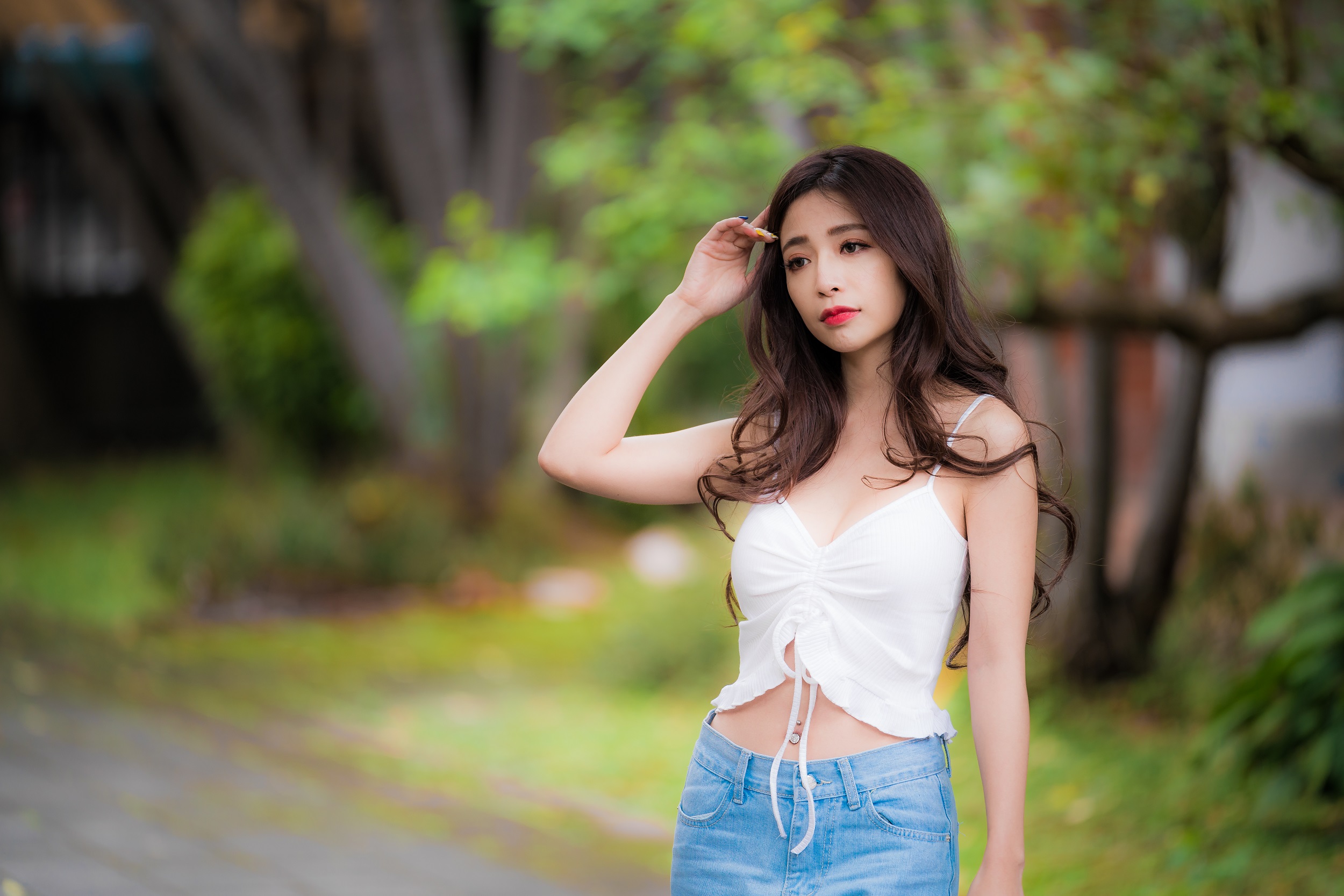 Asian Brunette Woman with Long Hair and Lipstick HD Wallpaper