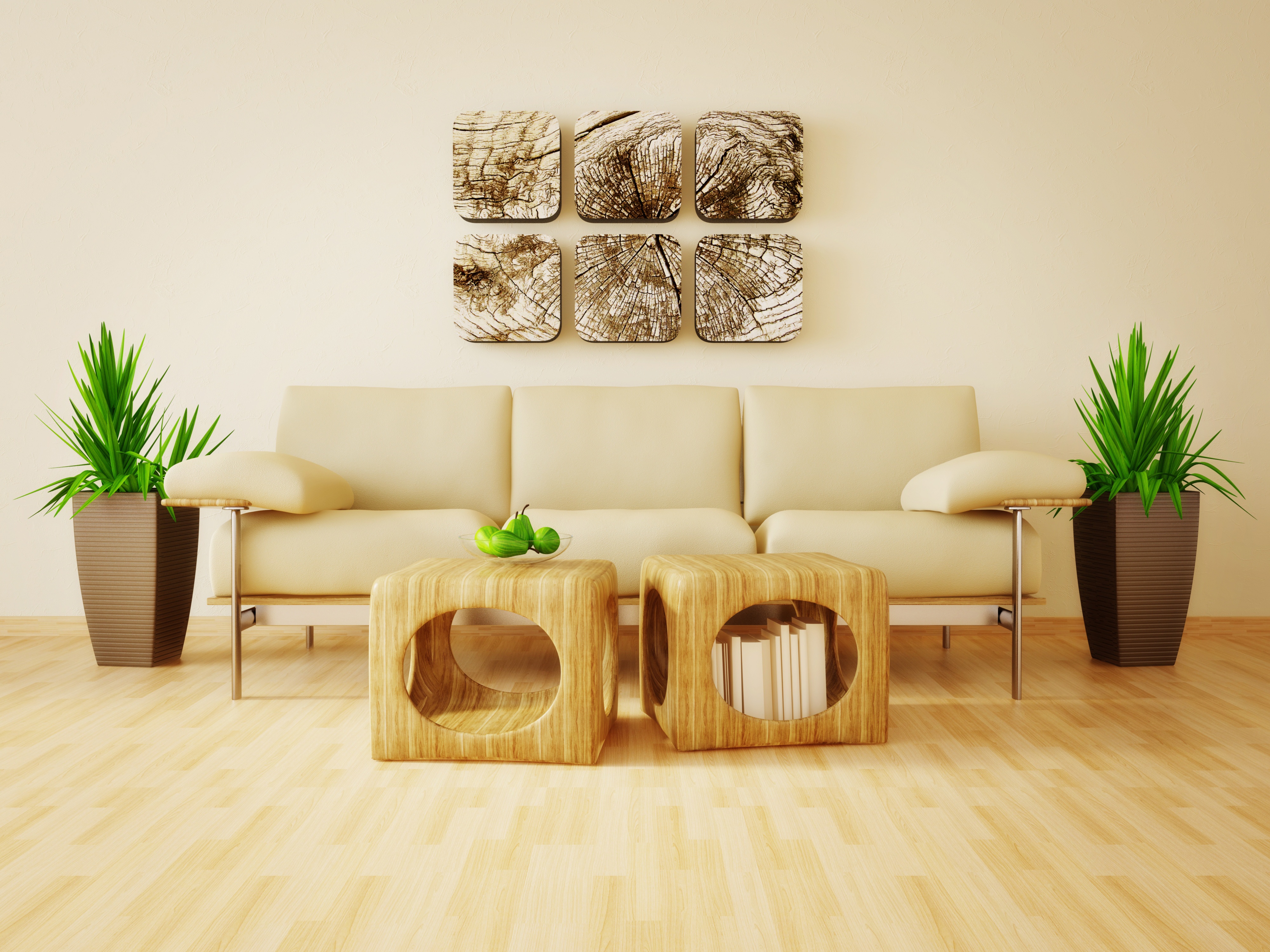 Modern living room with beige sofa and wooden tables HD Wallpaper