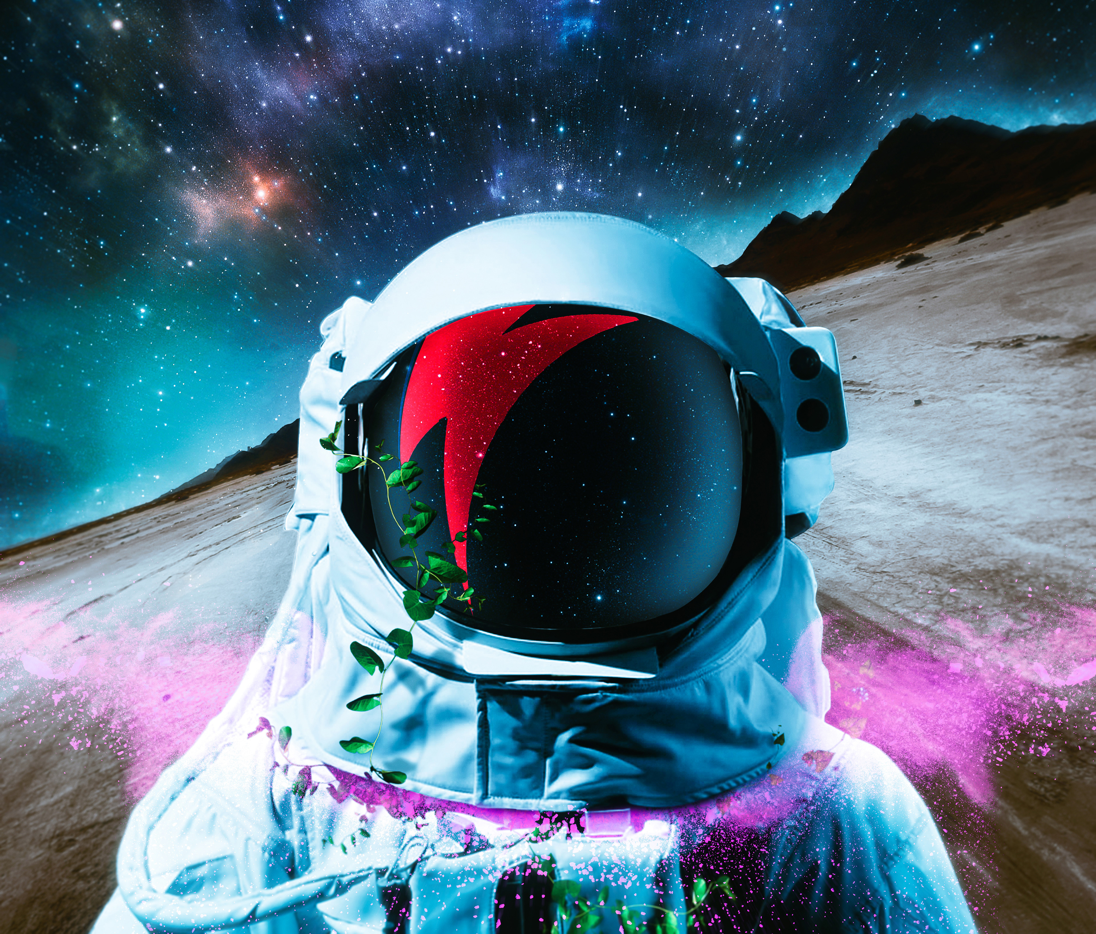 Astronaut in space with plants and pink dust HD Wallpaper