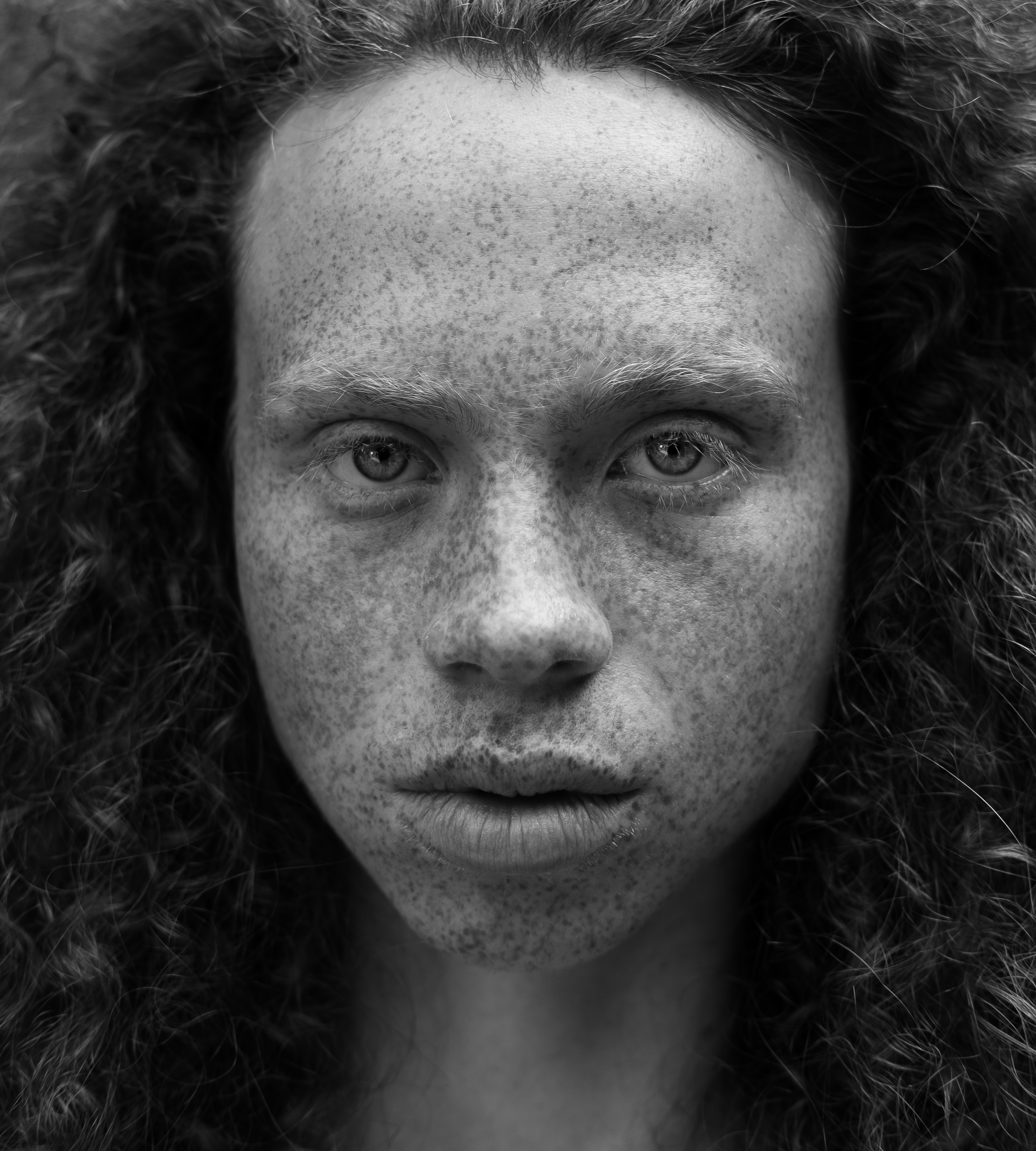 Close up portrait of a freckled person with curly hair HD Wallpaper