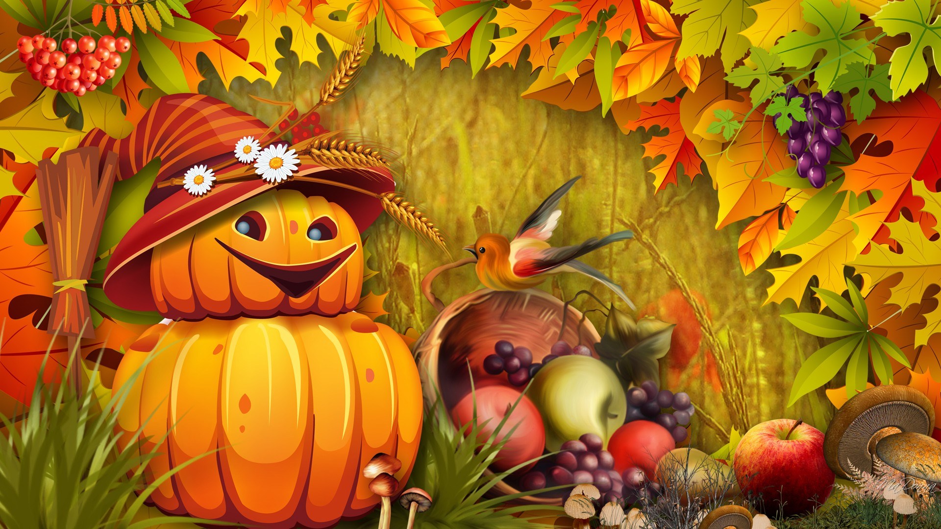 Festive Autumn Pumpkin and Harvest Scene HD Wallpaper