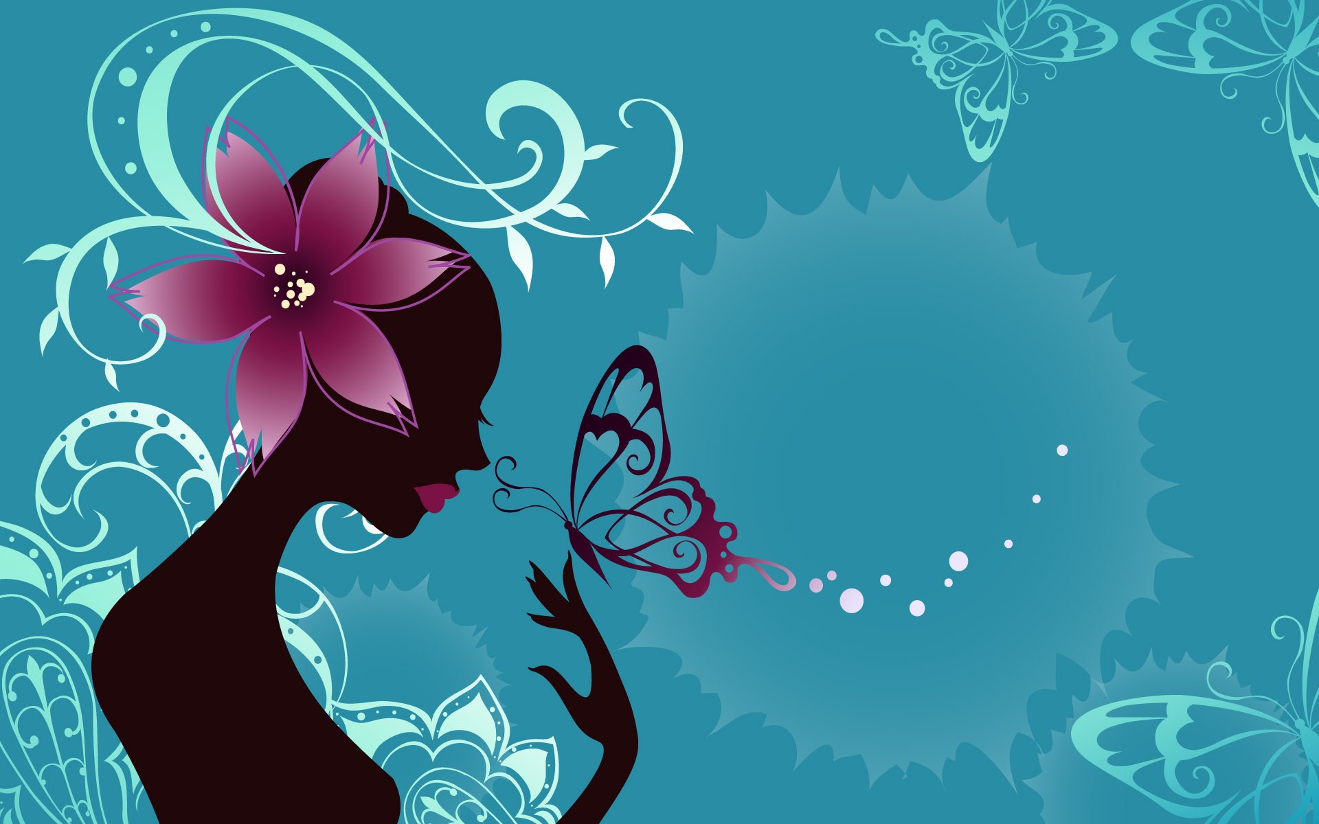 Silhouette of a woman with a flower and a butterfly HD Wallpaper