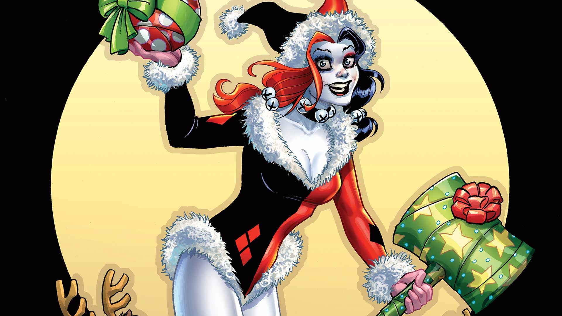 Harley Quinn in Christmas costume holding gifts HD Wallpaper