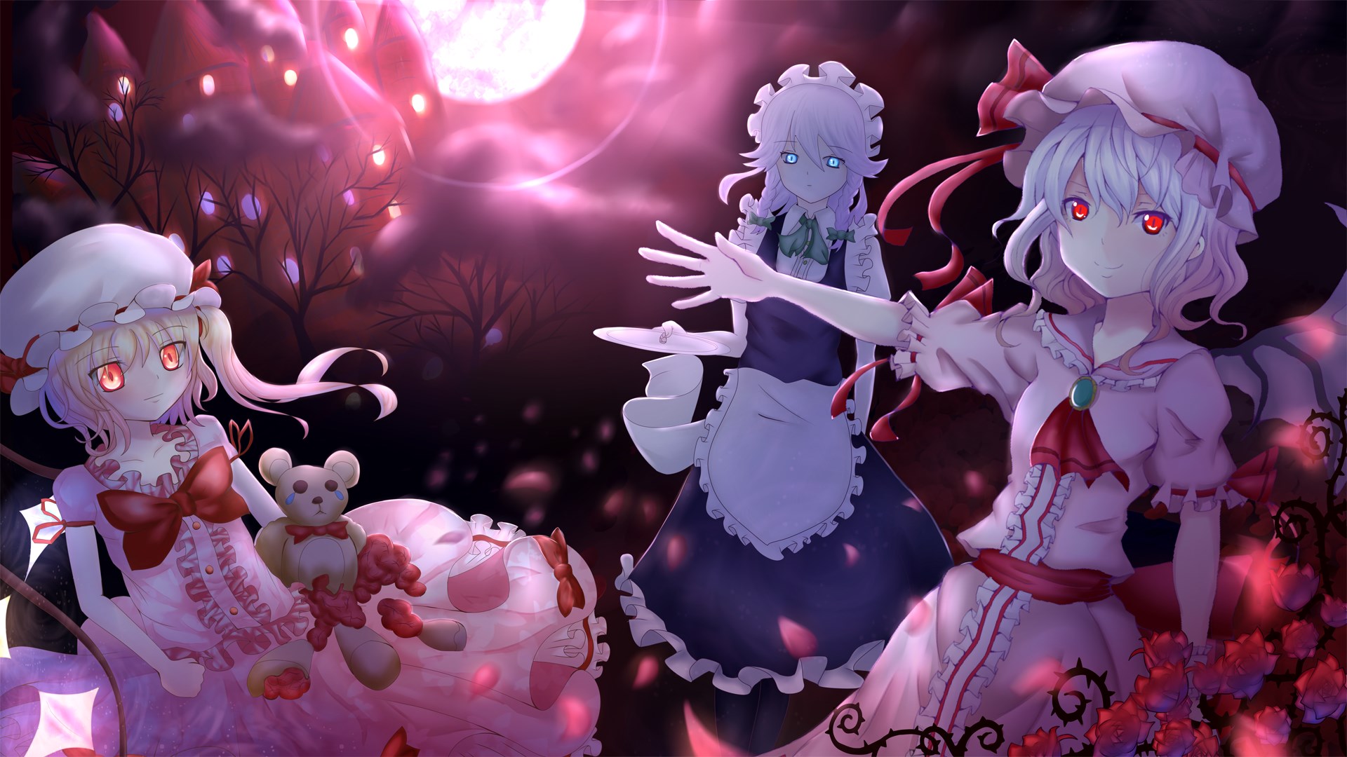 Remilia Scarlet, Sakuya Izayoi, and Flandre Scarlet from Touhou HD Wallpaper