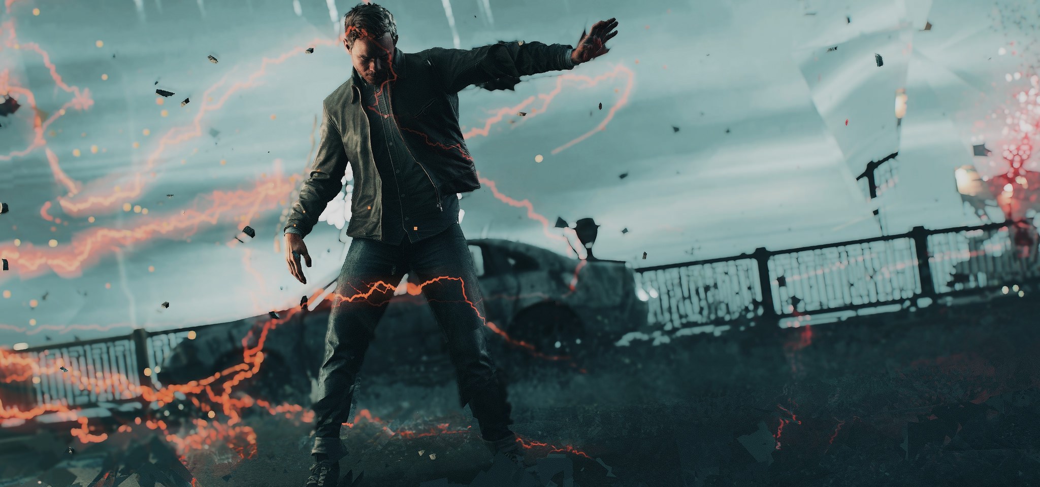 Jack Joyce from Quantum Break in a chaotic scene HD Wallpaper