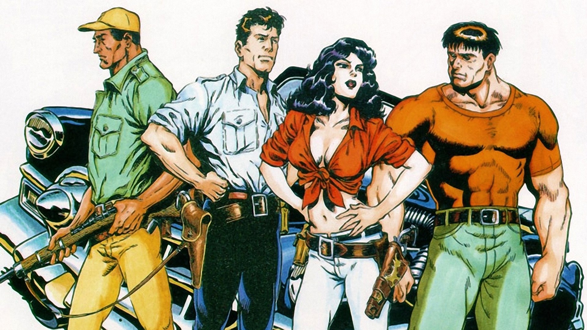 Four characters with guns and a car HD Wallpaper