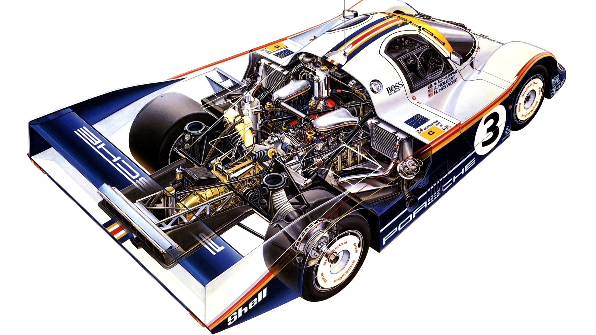 Cutaway illustration of a Porsche 962C race car HD Wallpaper