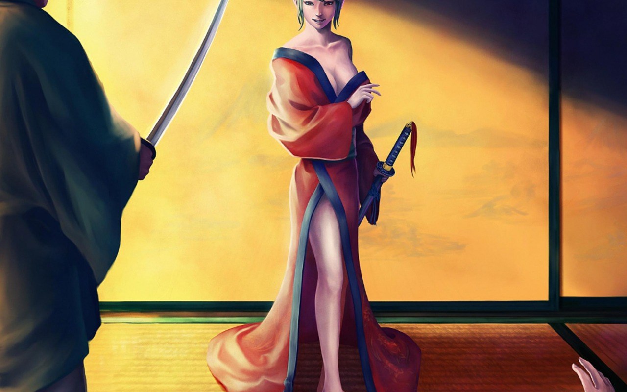 Woman in red kimono with sword and man with sword HD Wallpaper
