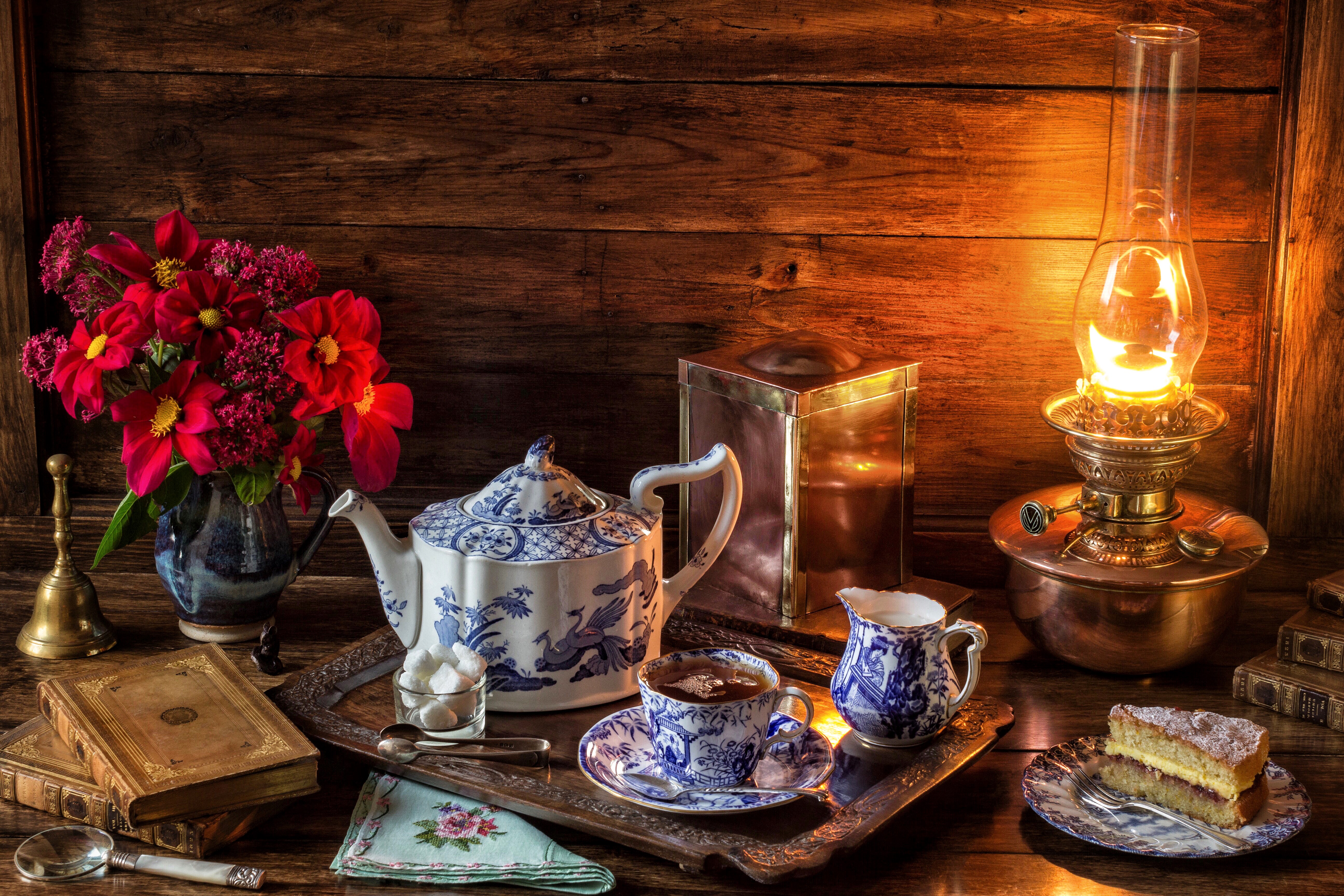 Still life with tea set and flowers HD Wallpaper