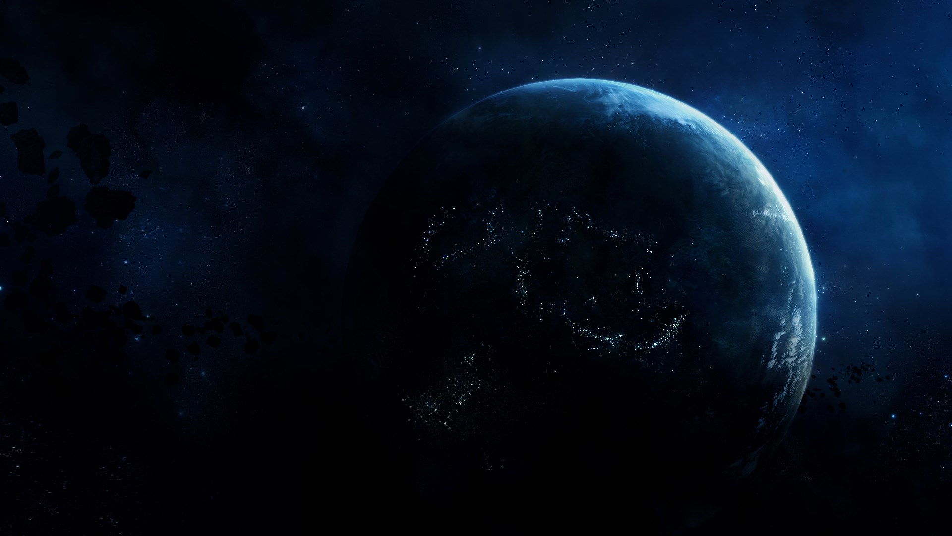 Planet with city lights in space HD Wallpaper