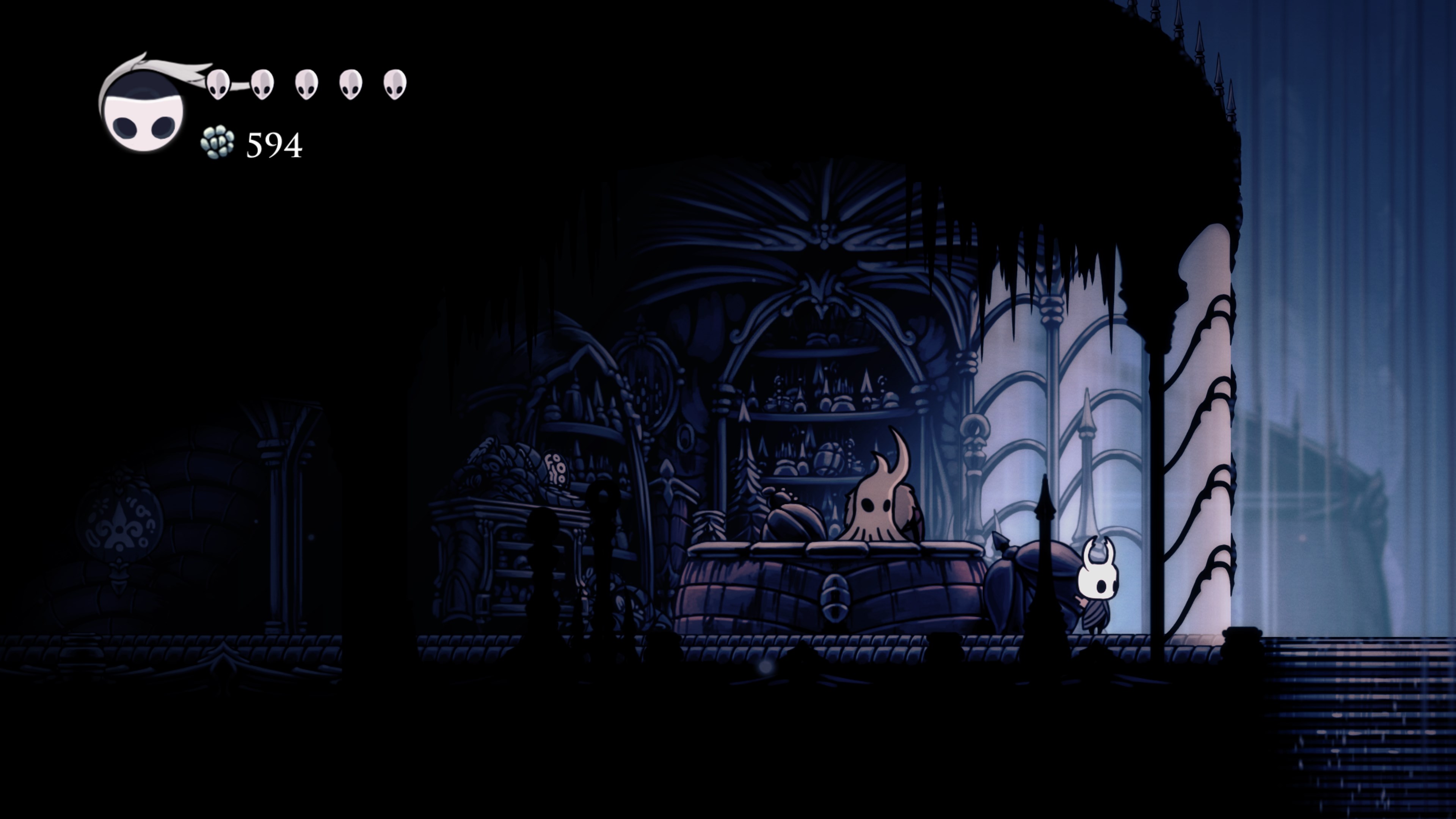 Hollow Knight character in a dark, ornate room HD Wallpaper