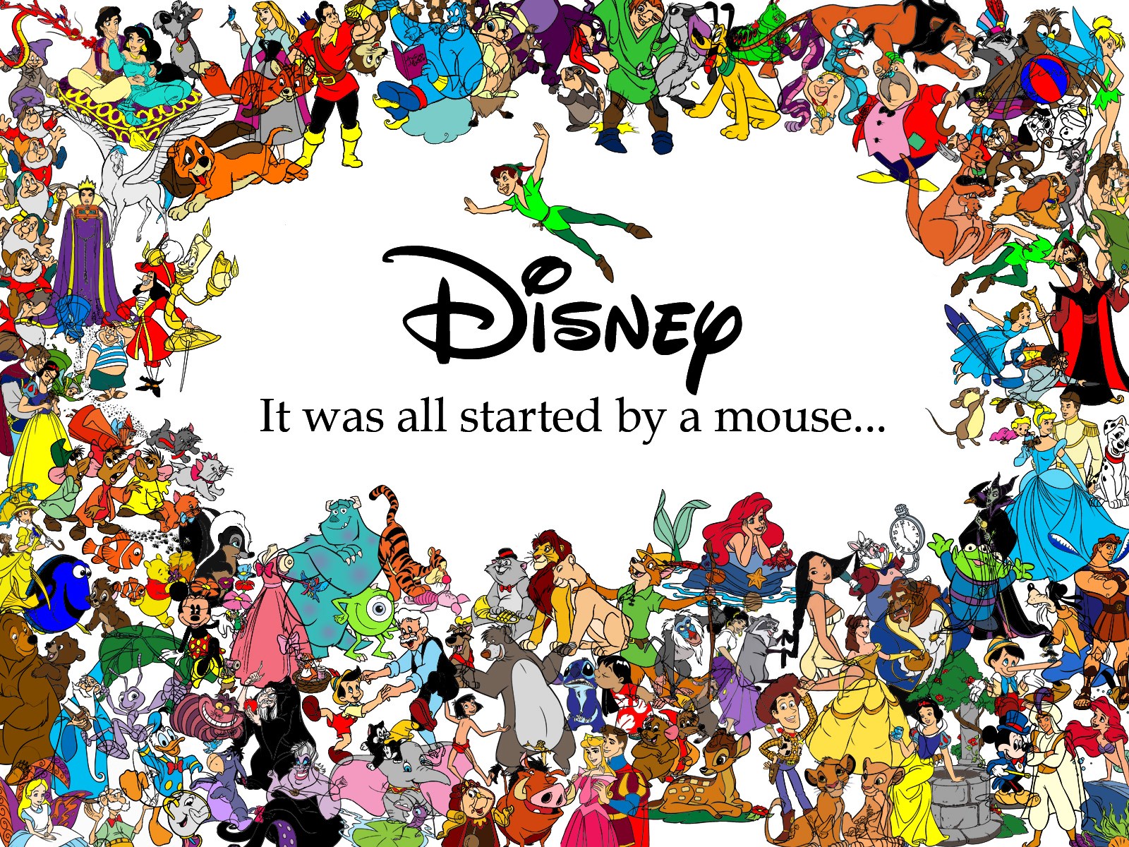 Disney characters collage with "It was all started by a mouse" HD Wallpaper