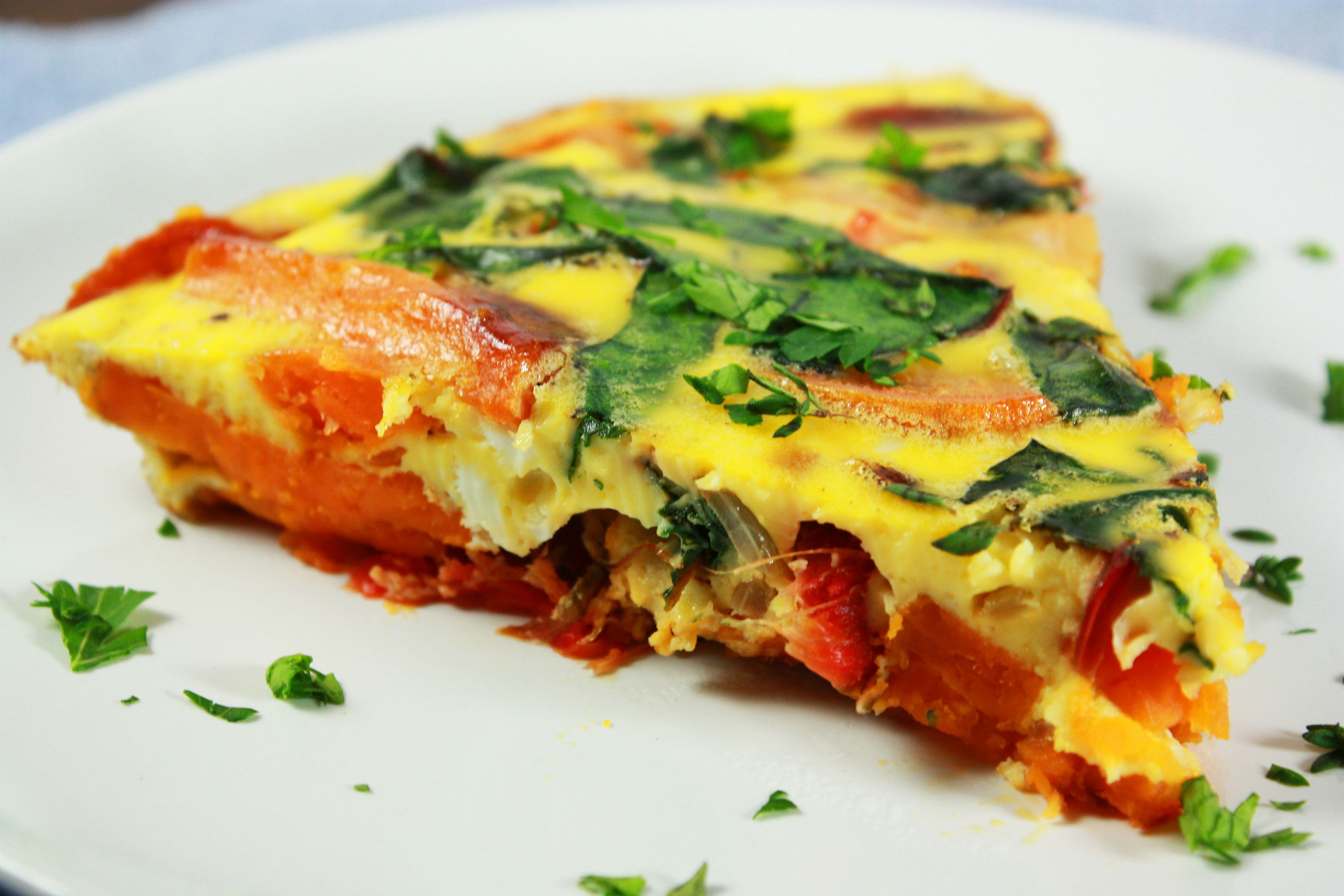 Slice of frittata with sweet potato and spinach HD Wallpaper