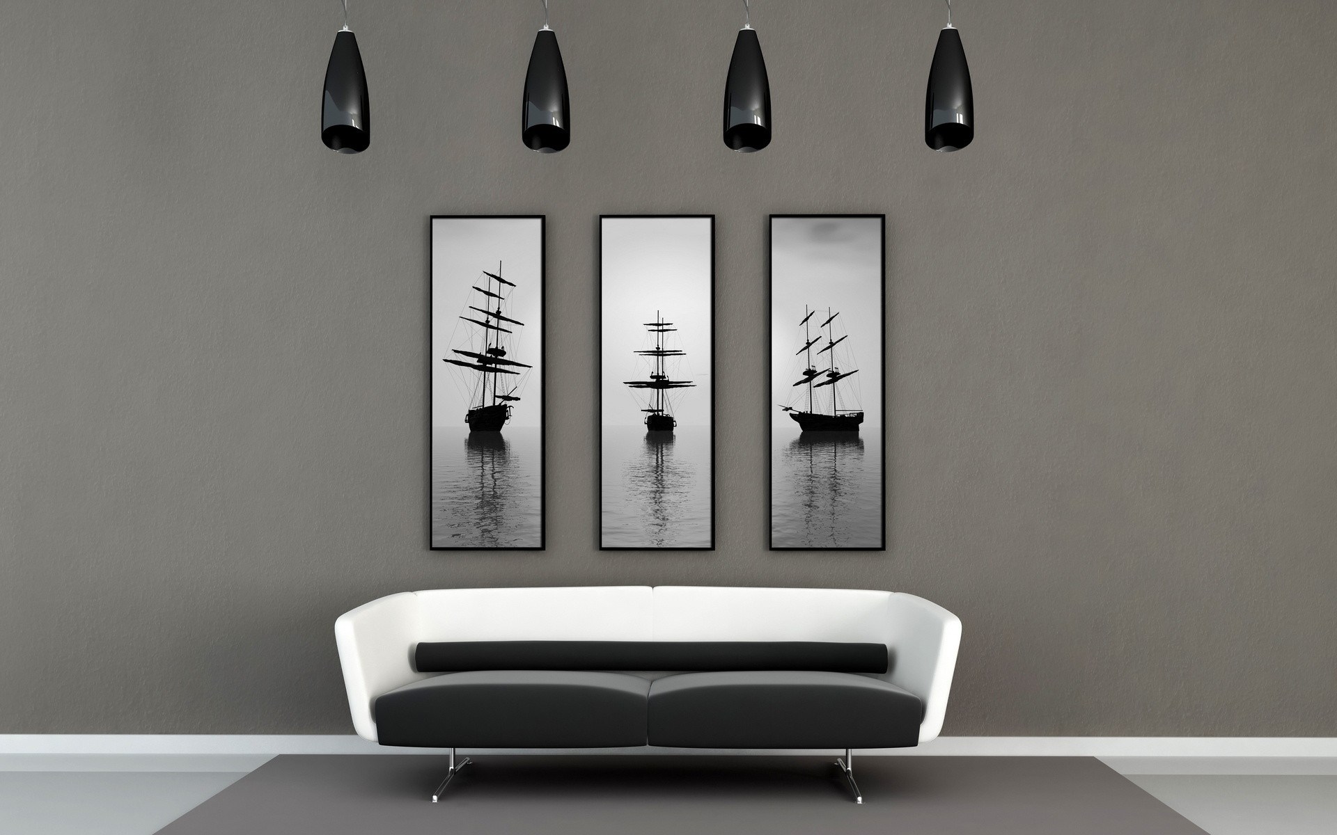 Modern living room with black and white sailboat art HD Wallpaper